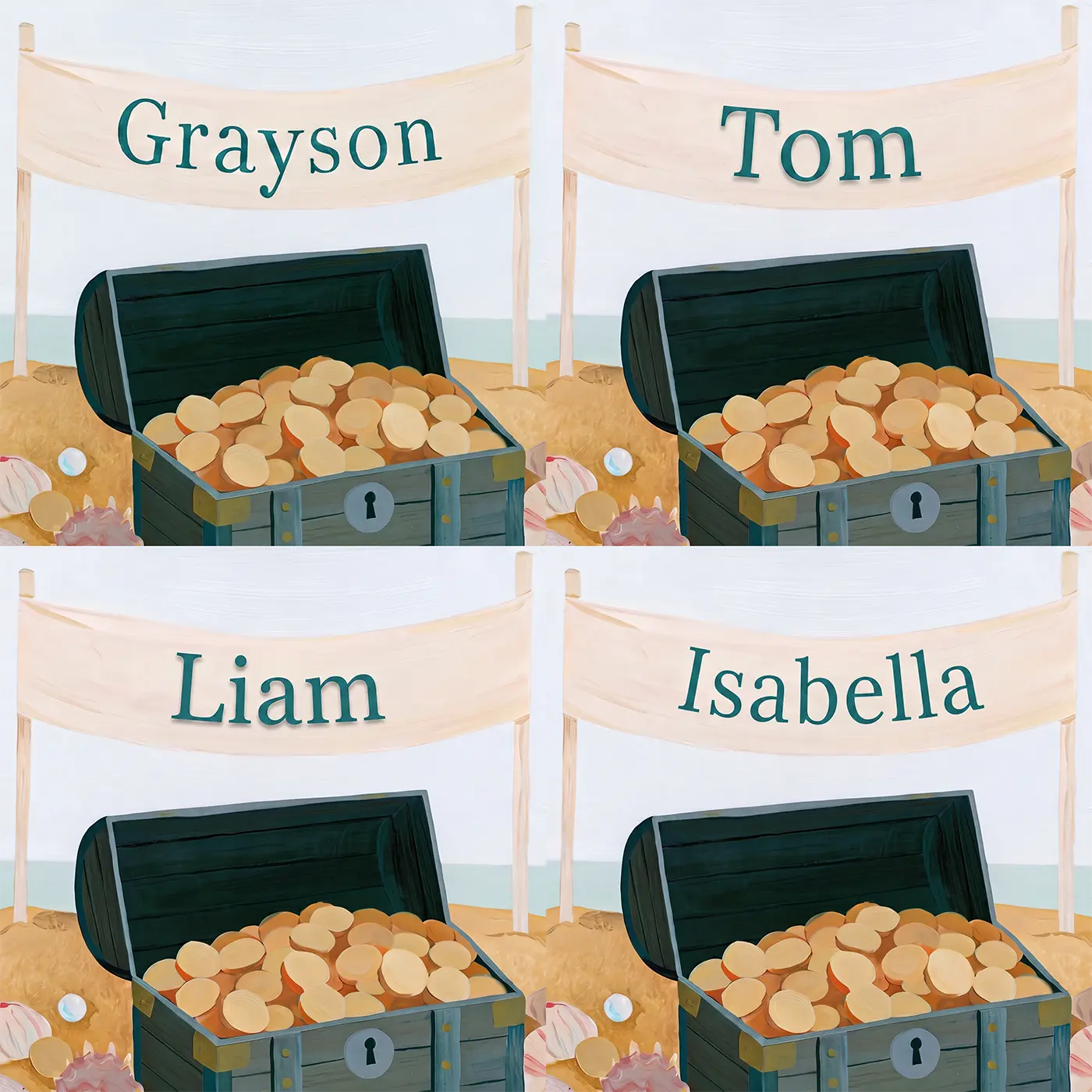 Four name preview examples of Cheerful Treasure Chest Personalized Wall Mural by Whimsy Tots