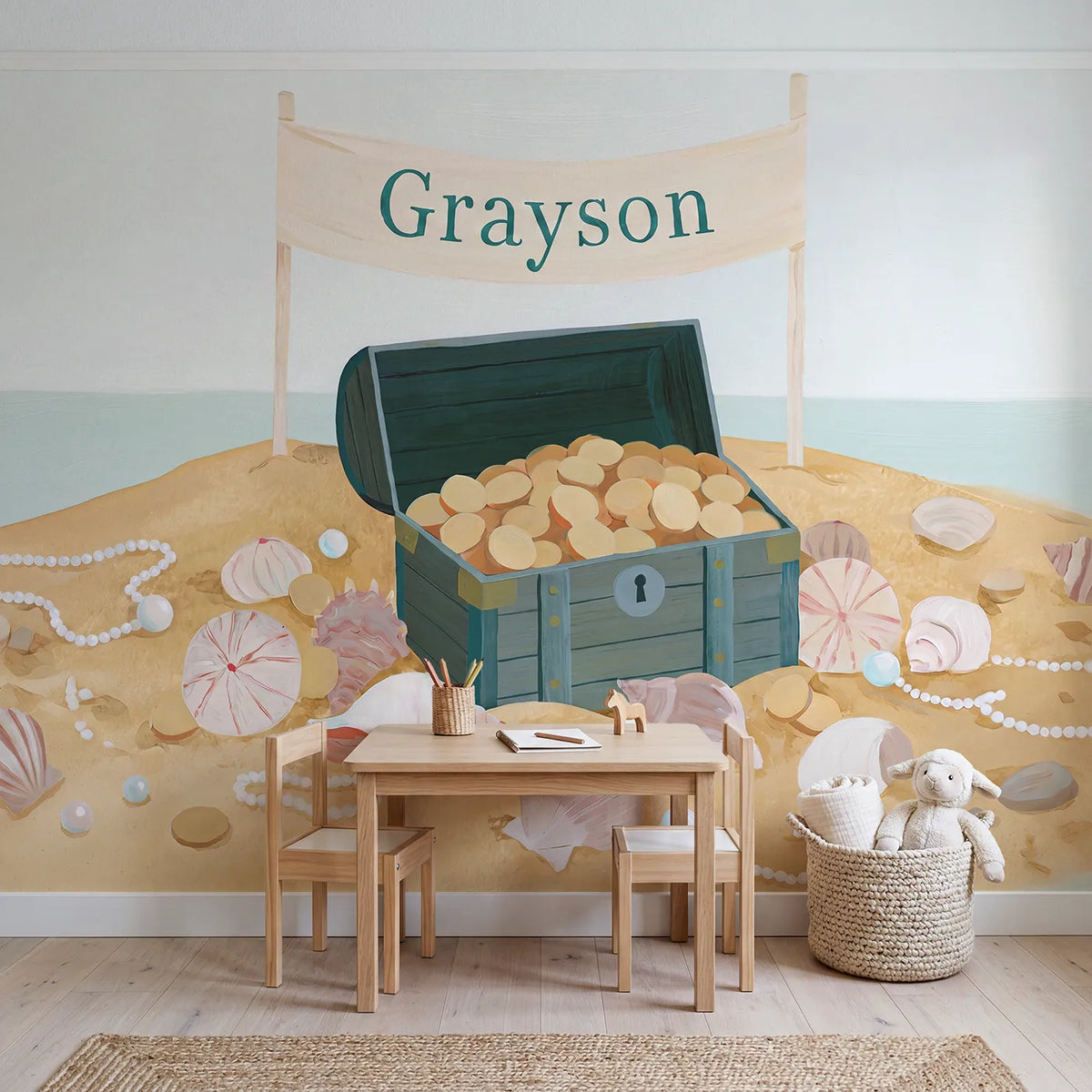 Cheerful Treasure Chest Personalized Wall Mural in playroom setting by Whimsy Tots
