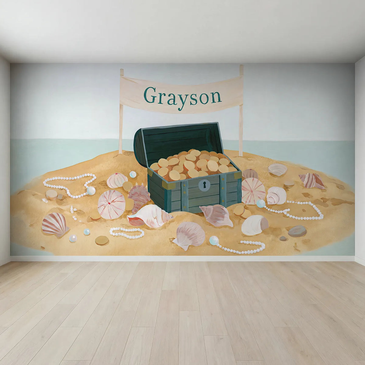 Full view of Cheerful Treasure Chest Personalized Wall Mural by Whimsy Tots