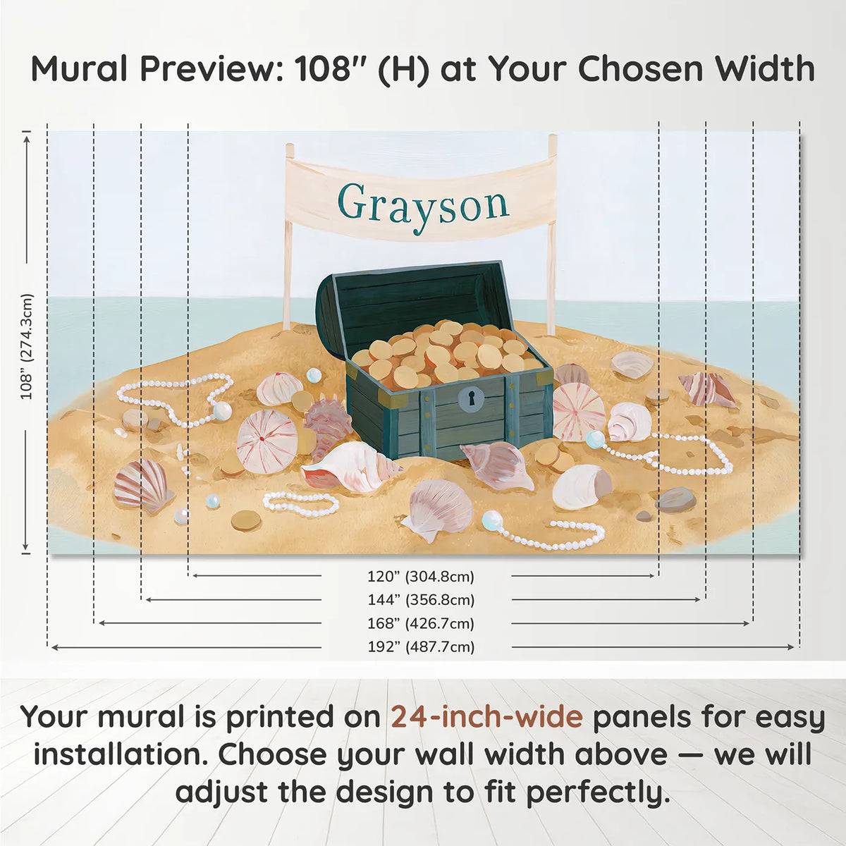 Panel layout and dimensions for Cheerful Treasure Chest Personalized Wall Mural by Whimsy Tots