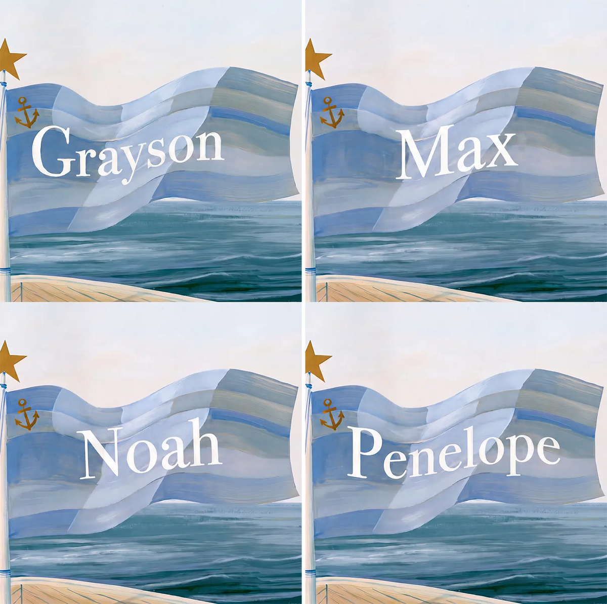 Four name preview examples of Friendly Pirate Flag Personalized Wall Mural by Whimsy Tots