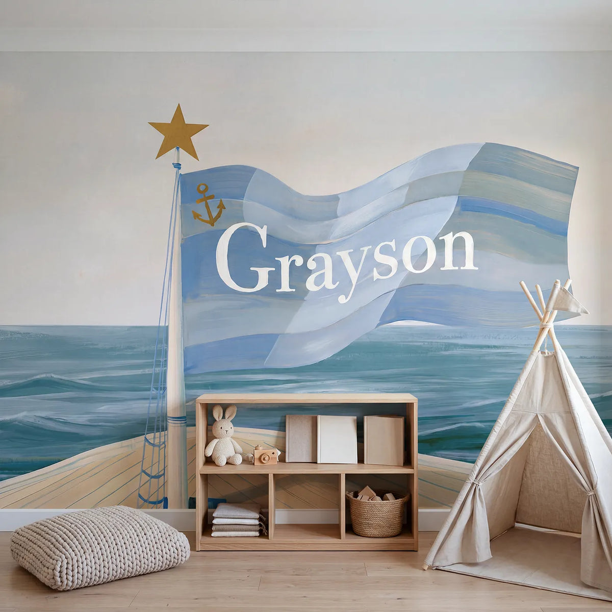 Friendly Pirate Flag Personalized Wall Mural in playroom setting by Whimsy Tots