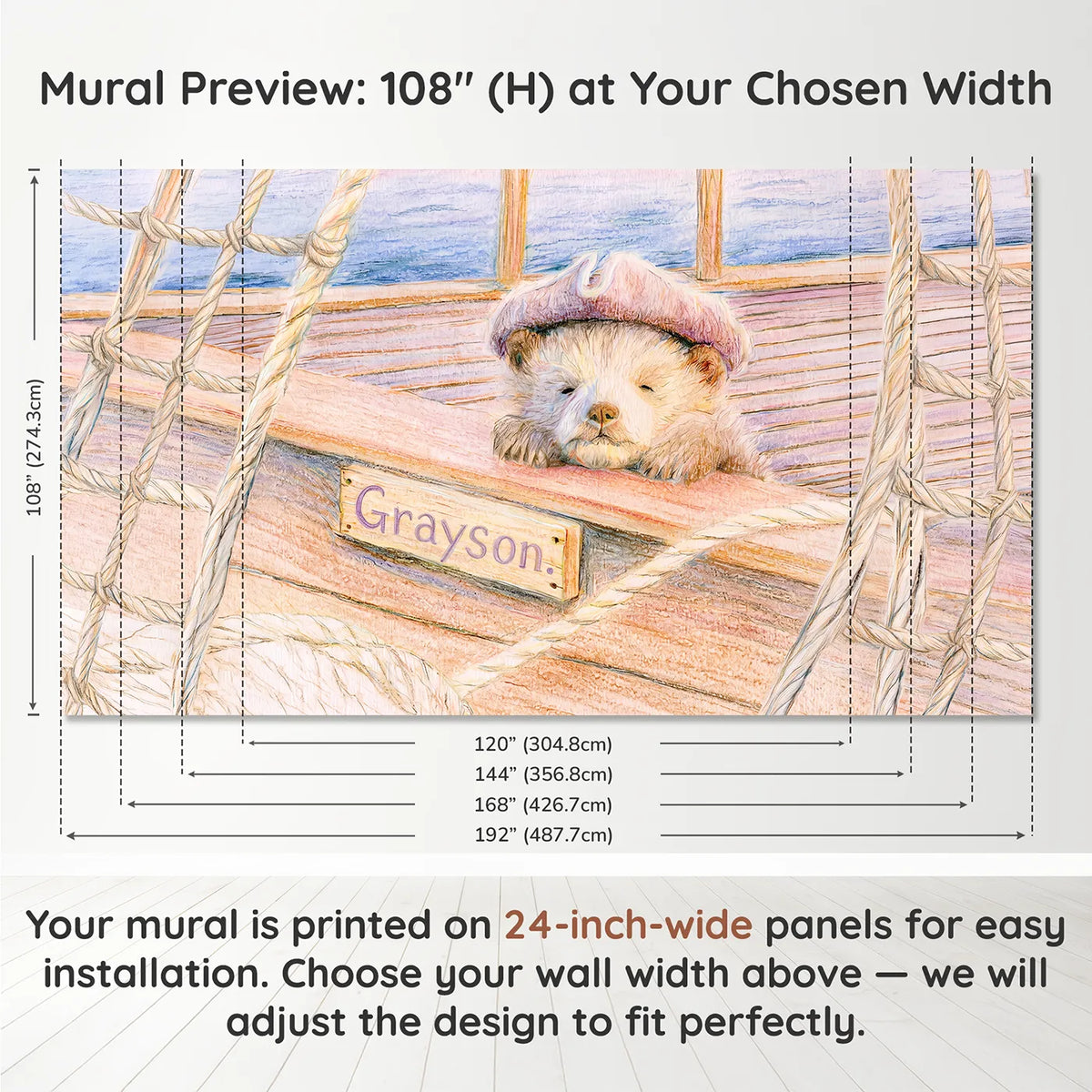 Panel layout and dimensions for Baby Pirate Cub Personalized Wall Mural by Whimsy Tots
