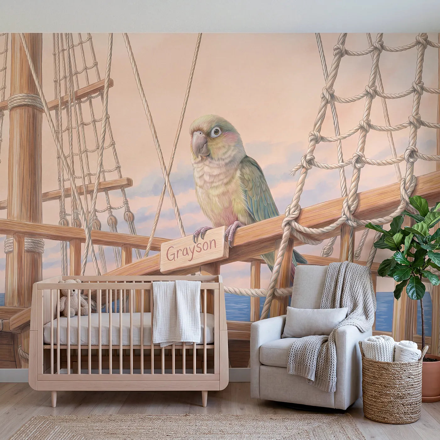 Colored pencil parrot on a ship rail with a perch name sign, kids room mural by Whimsy Tots