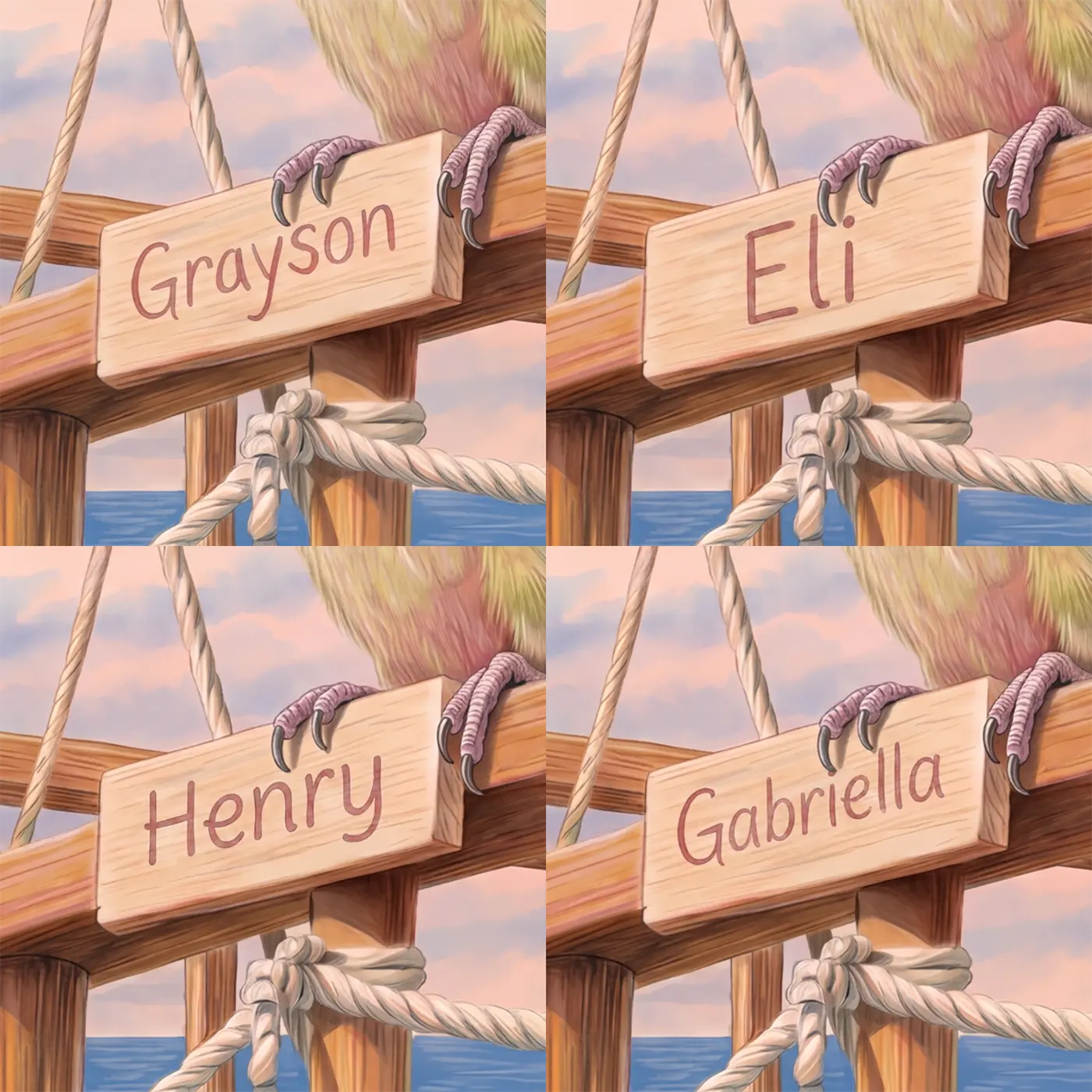 Four name preview examples of Cheerful Pirate Parrot Personalized Wall Mural by Whimsy Tots