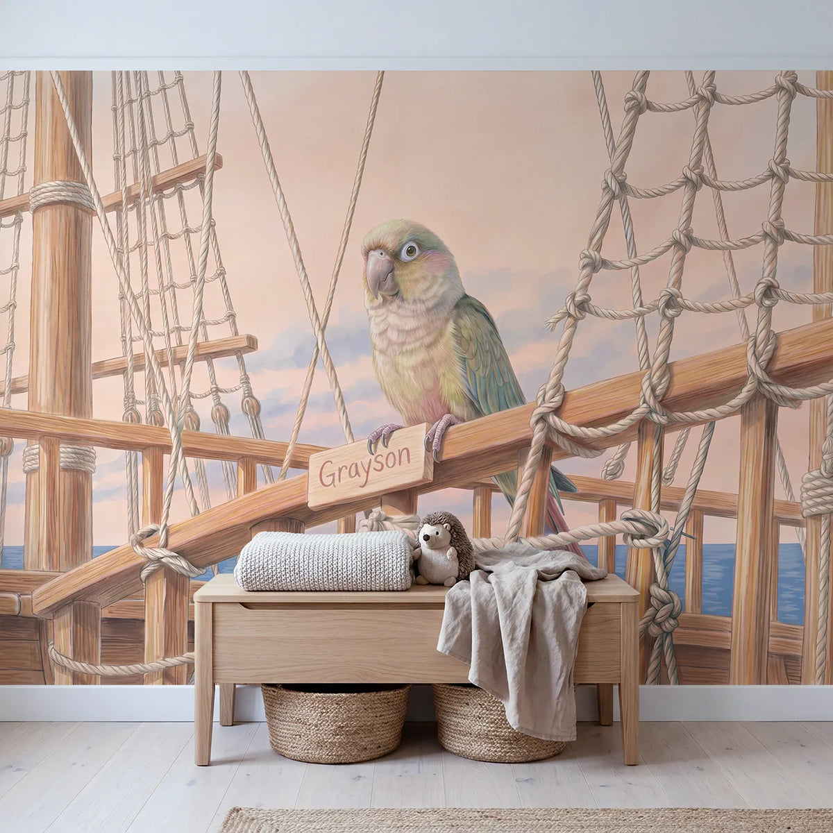 Cheerful Pirate Parrot Personalized Wall Mural in playroom setting by Whimsy Tots