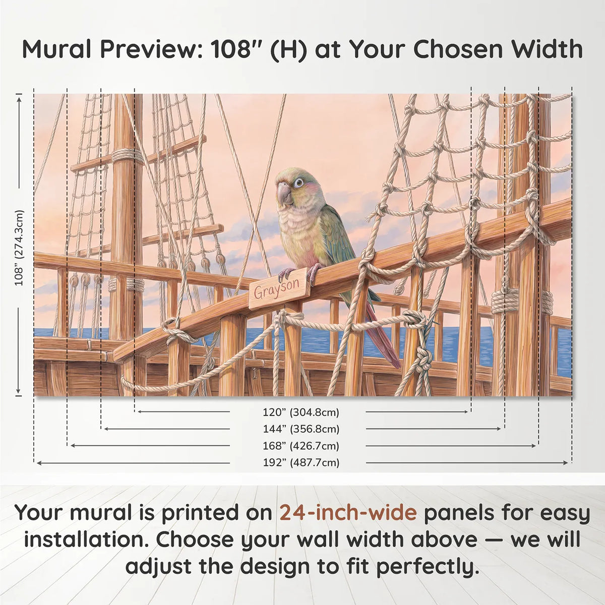 Panel layout and dimensions for Cheerful Pirate Parrot Personalized Wall Mural by Whimsy Tots