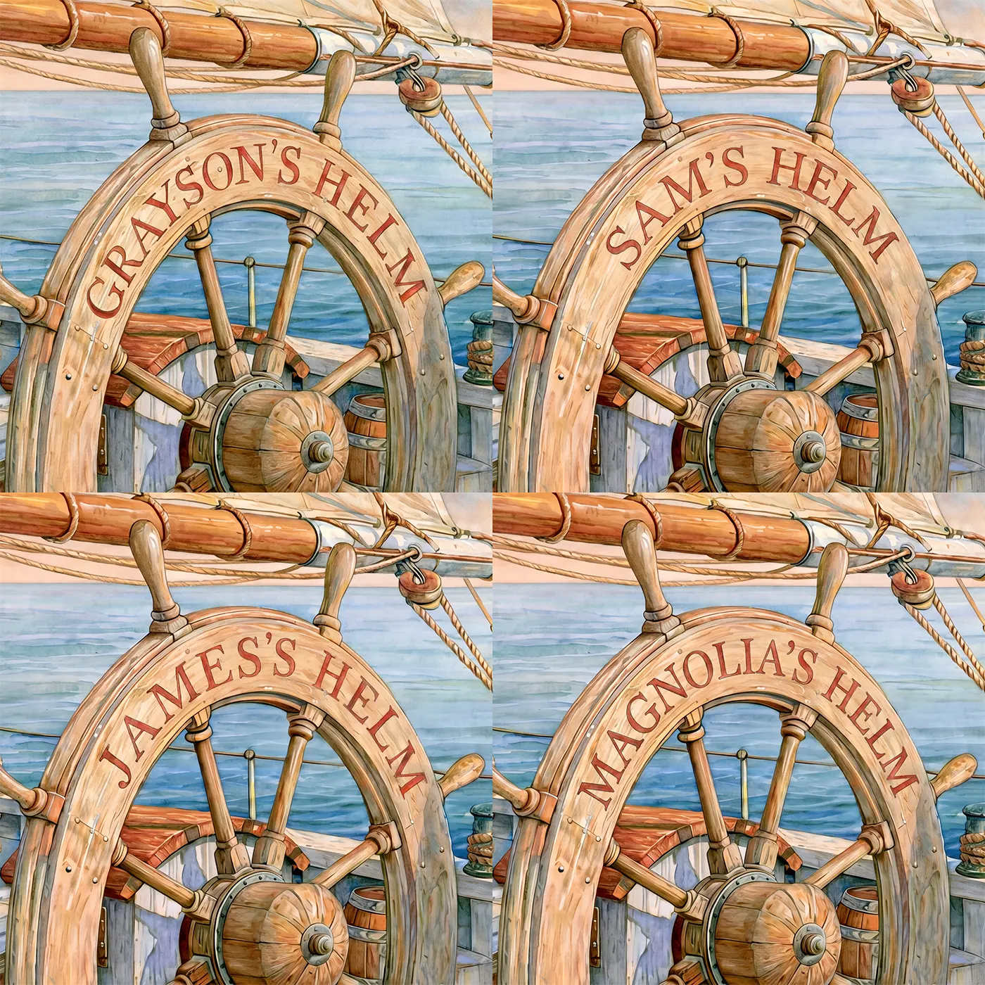 Four name preview examples of Friendly Ship Wheel Personalized Wall Mural by Whimsy Tots