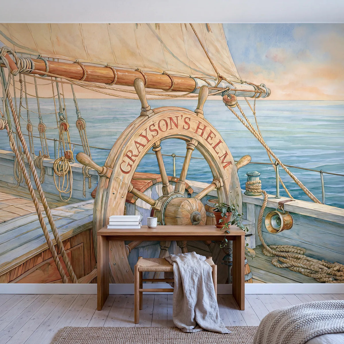 Friendly Ship Wheel Personalized Wall Mural in playroom setting by Whimsy Tots