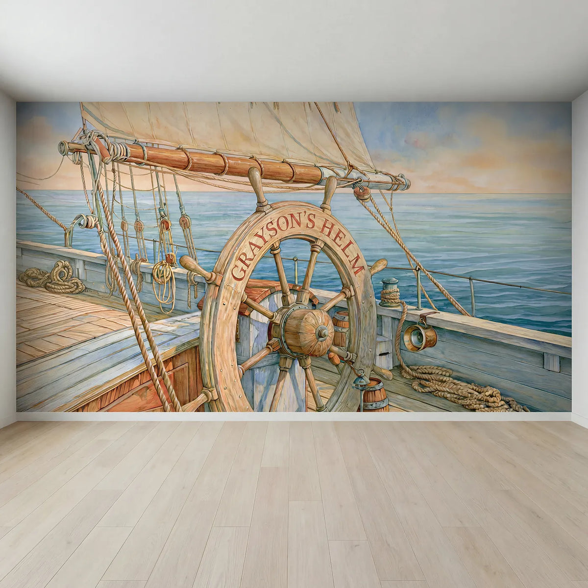 Full view of Friendly Ship Wheel Personalized Wall Mural by Whimsy Tots