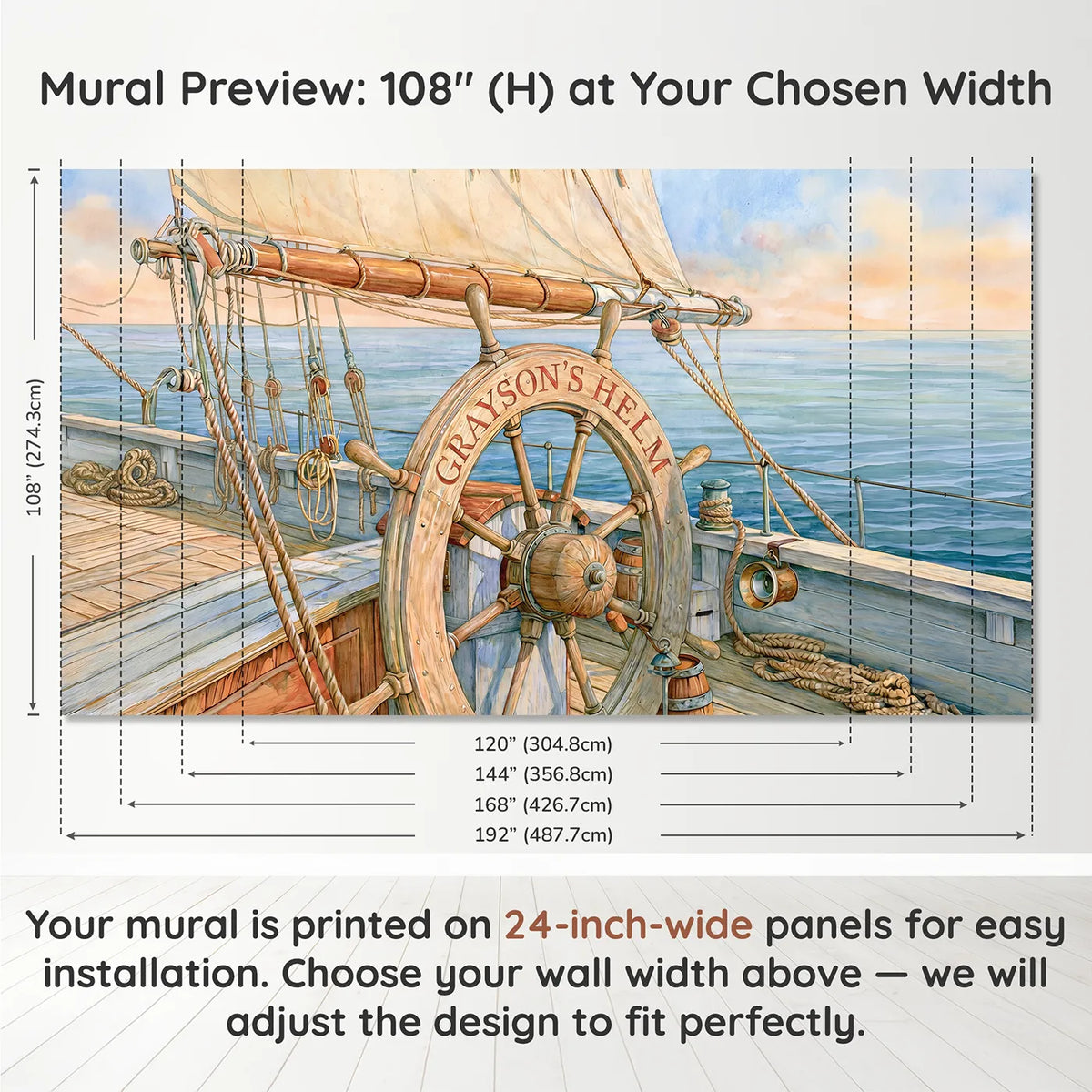 Panel layout and dimensions for Friendly Ship Wheel Personalized Wall Mural by Whimsy Tots