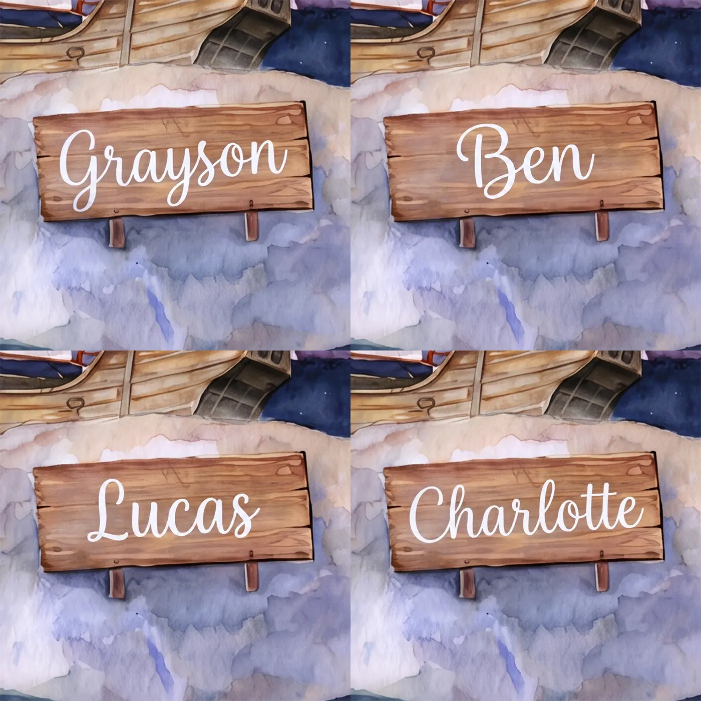 Four name preview examples of Dreamy Pirate Night Personalized Wall Mural by Whimsy Tots