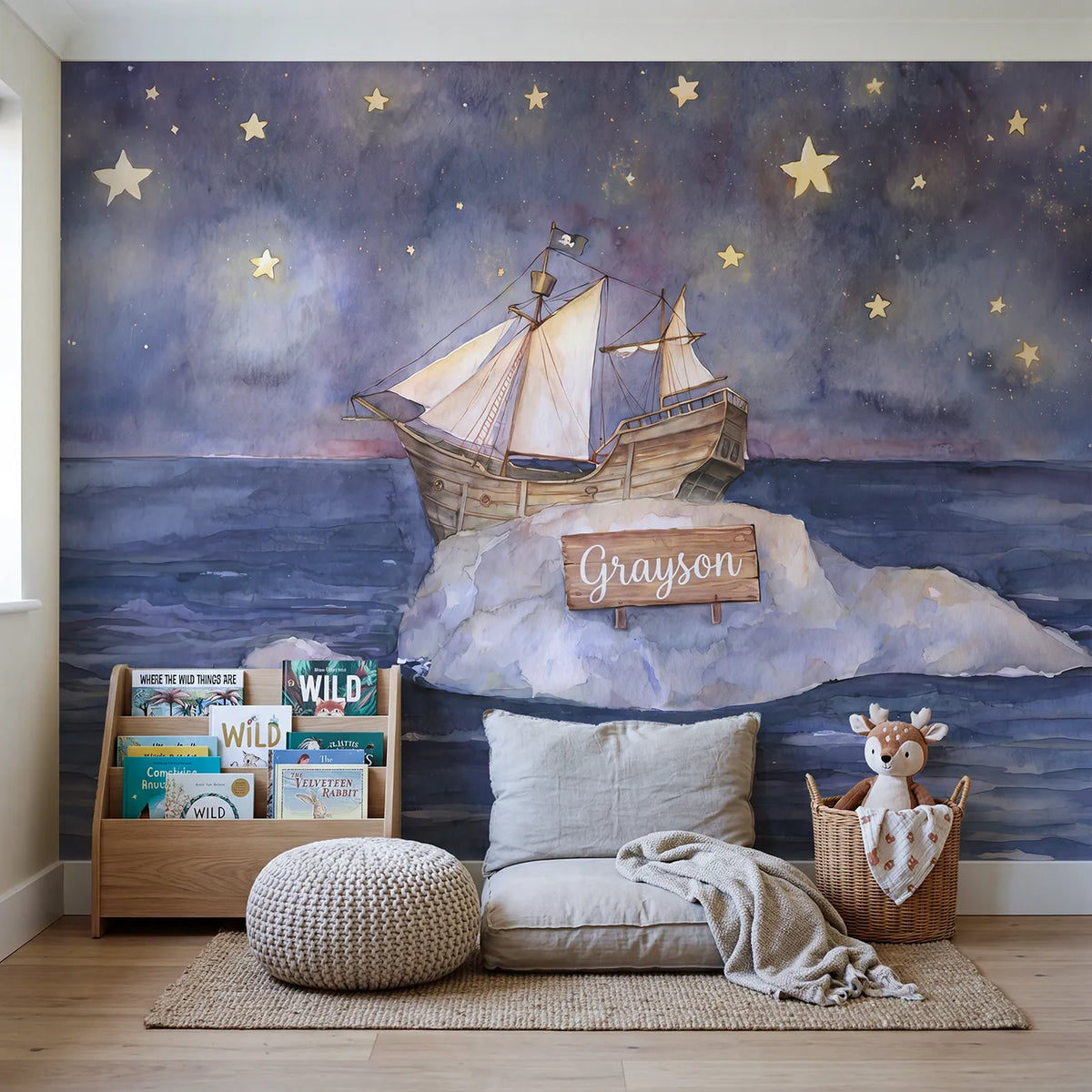 Dreamy Pirate Night Personalized Wall Mural in playroom setting by Whimsy Tots