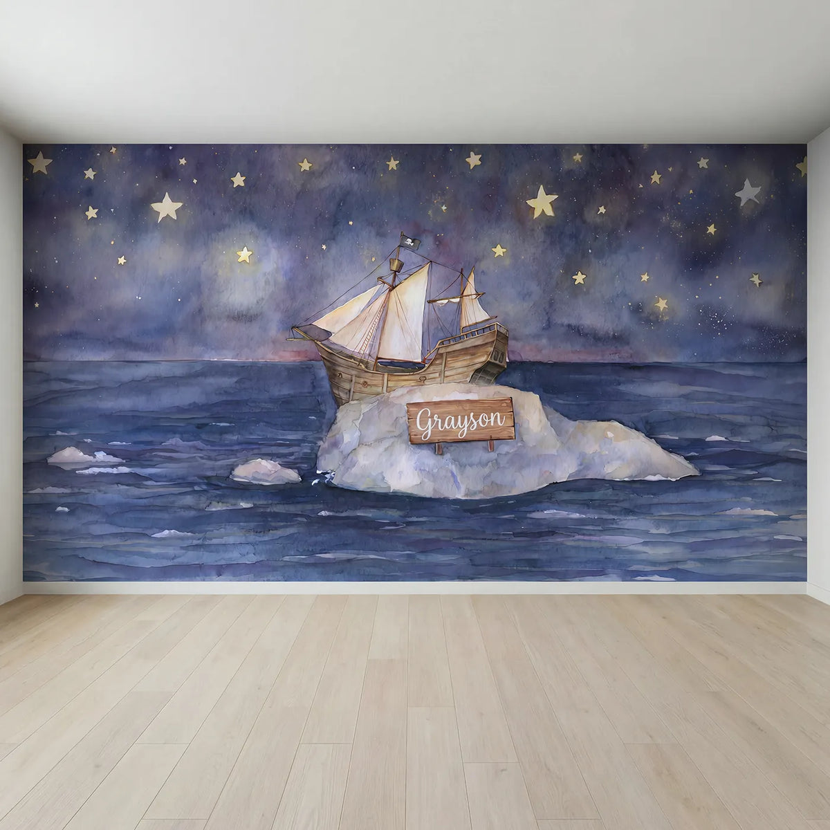 Full view of Dreamy Pirate Night Personalized Wall Mural by Whimsy Tots