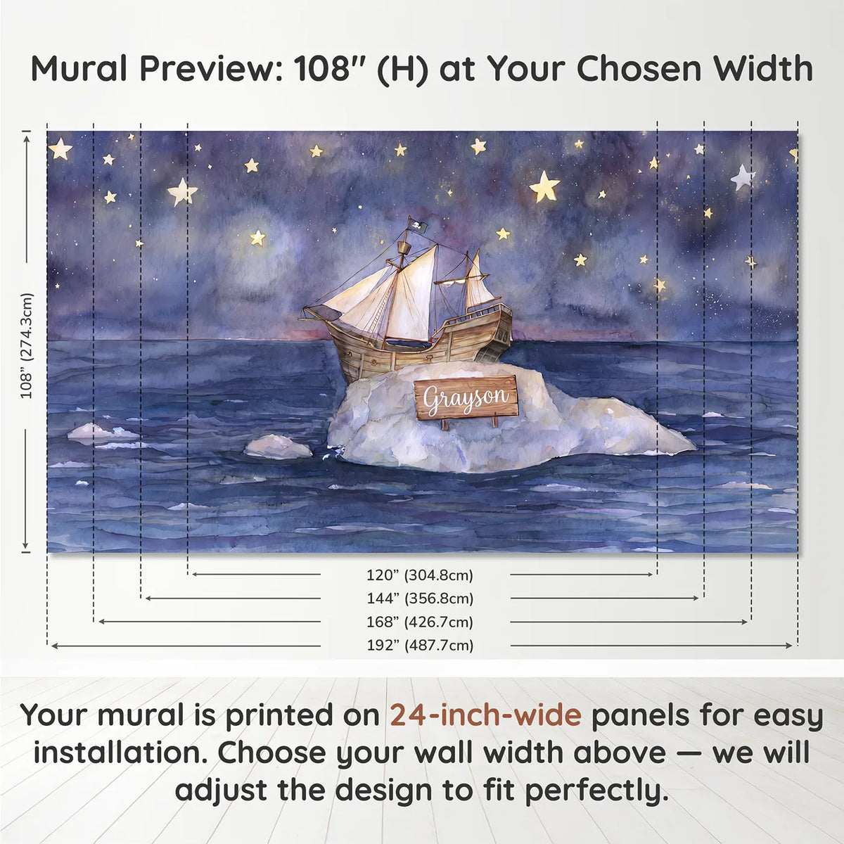 Panel layout and dimensions for Dreamy Pirate Night Personalized Wall Mural by Whimsy Tots