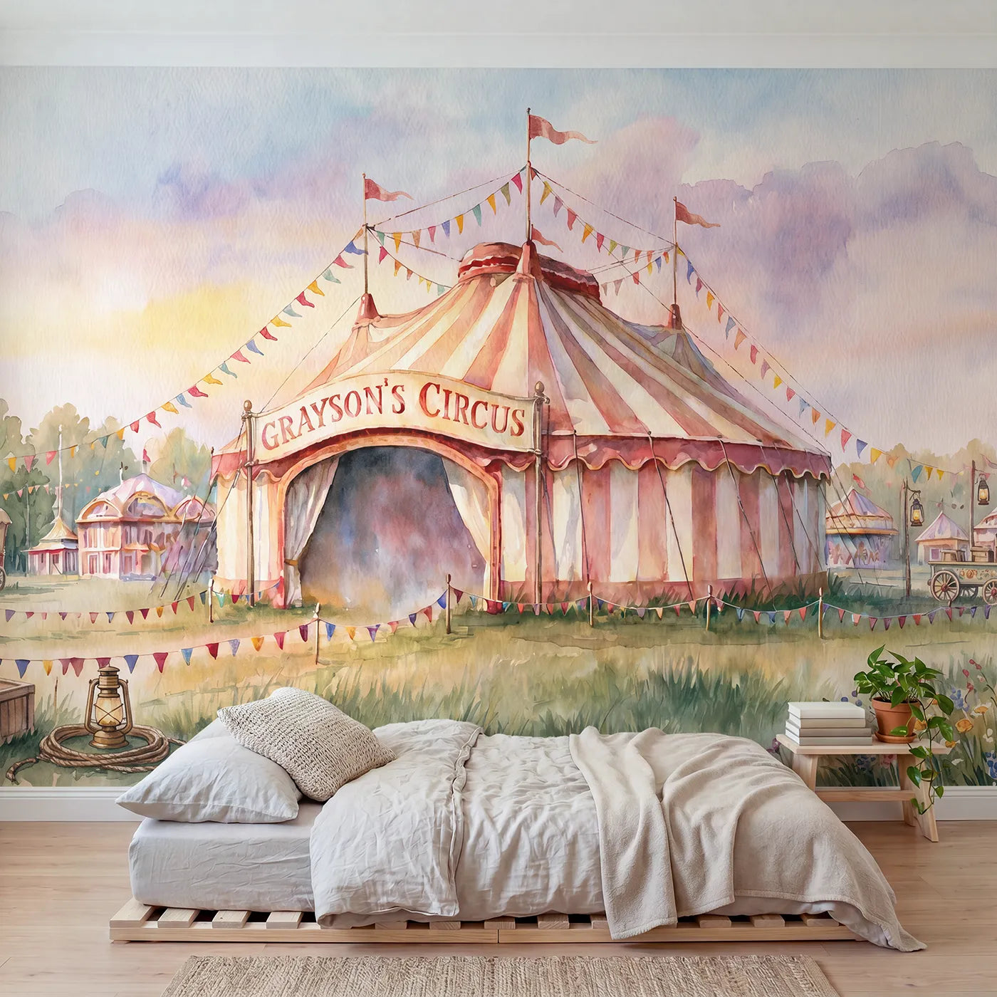 Watercolor big-top tent with a name on an entrance banner, playroom mural by Whimsy Tots