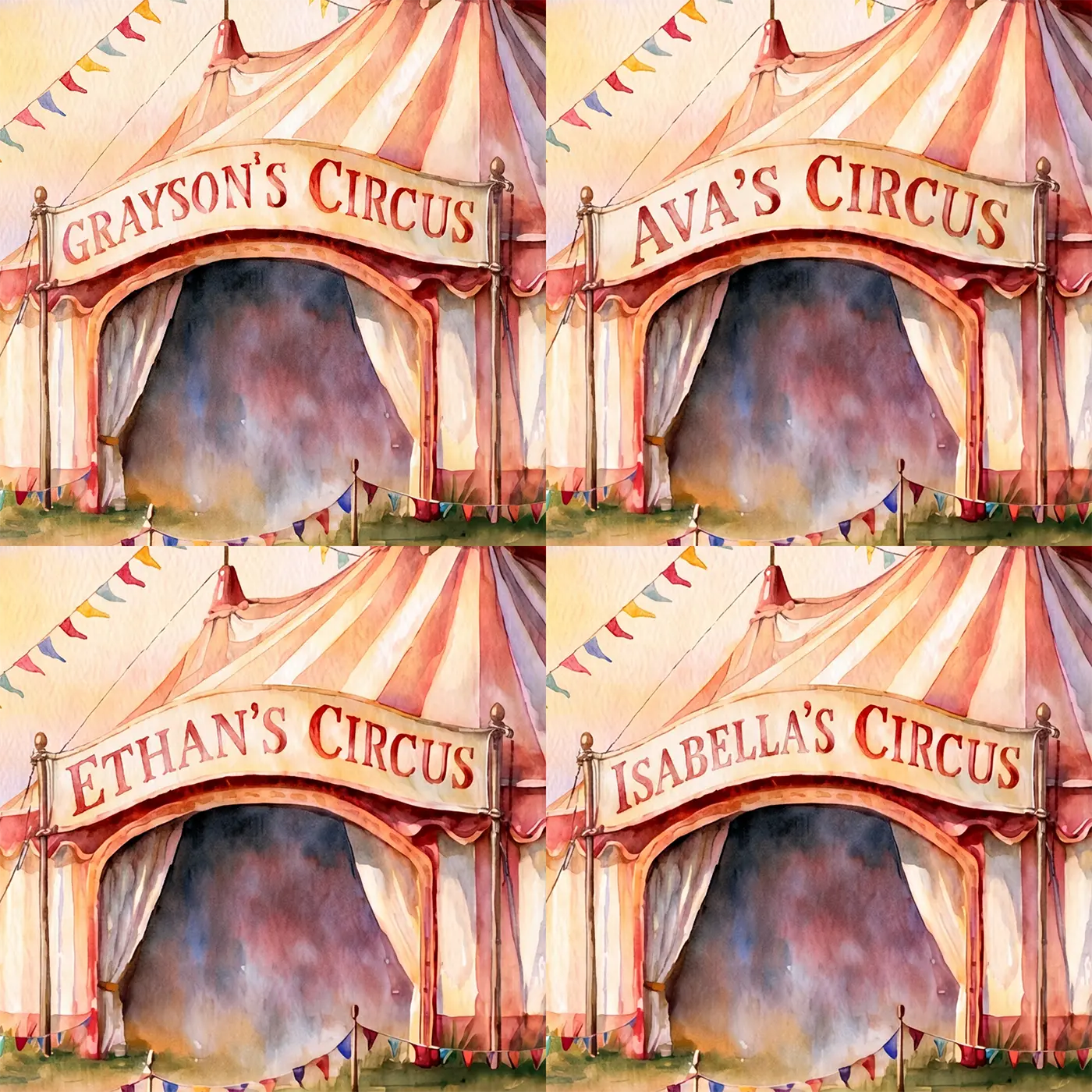Four name preview examples of Vintage Big Top Personalized Wall Mural by Whimsy Tots