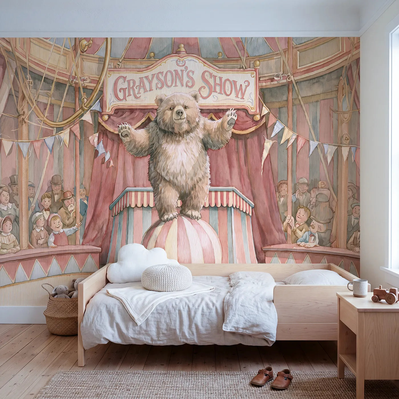 Storybook circus bear on a ball with a podium name sign, toddler room mural by Whimsy Tots
