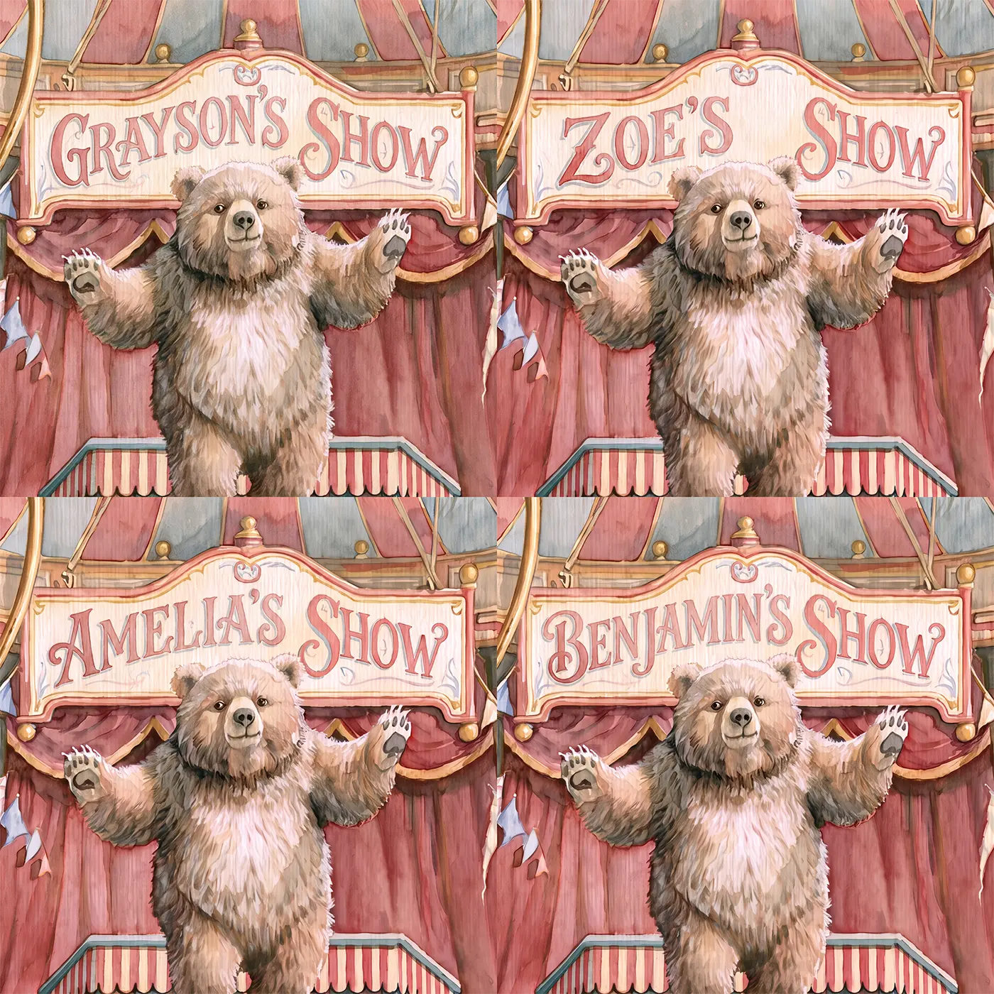 Four name preview examples of Cheerful Circus Bear Personalized Wall Mural by Whimsy Tots