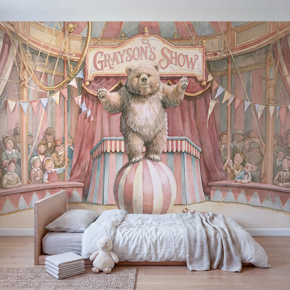 Cheerful Circus Bear Personalized Wall Mural in playroom setting by Whimsy Tots