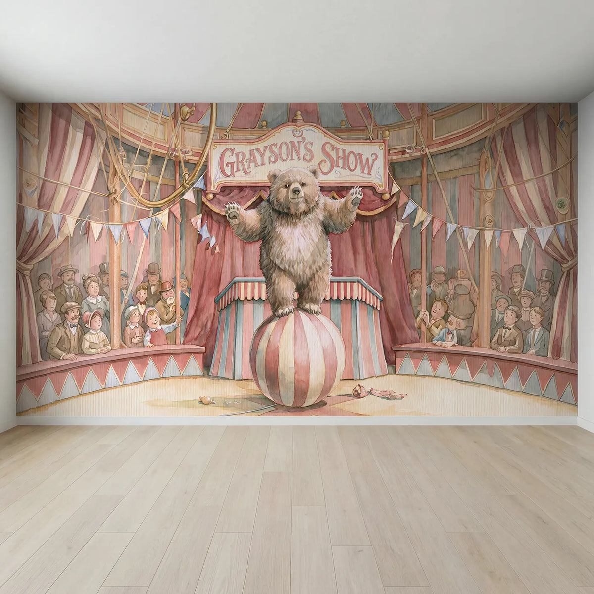 Full view of Cheerful Circus Bear Personalized Wall Mural by Whimsy Tots