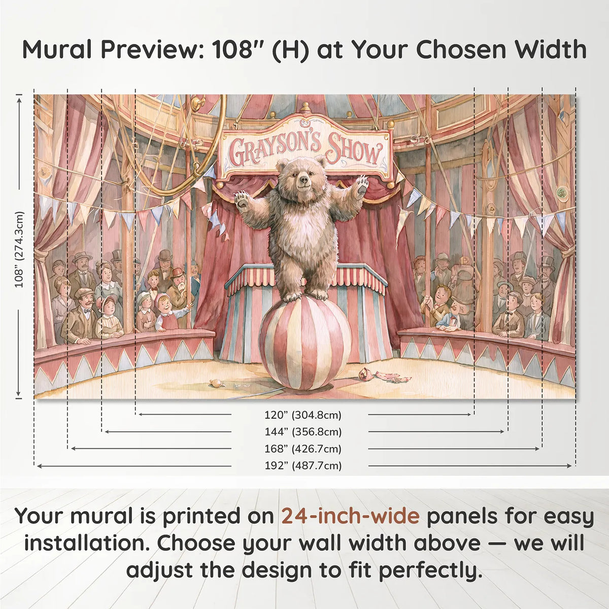 Panel layout and dimensions for Cheerful Circus Bear Personalized Wall Mural by Whimsy Tots