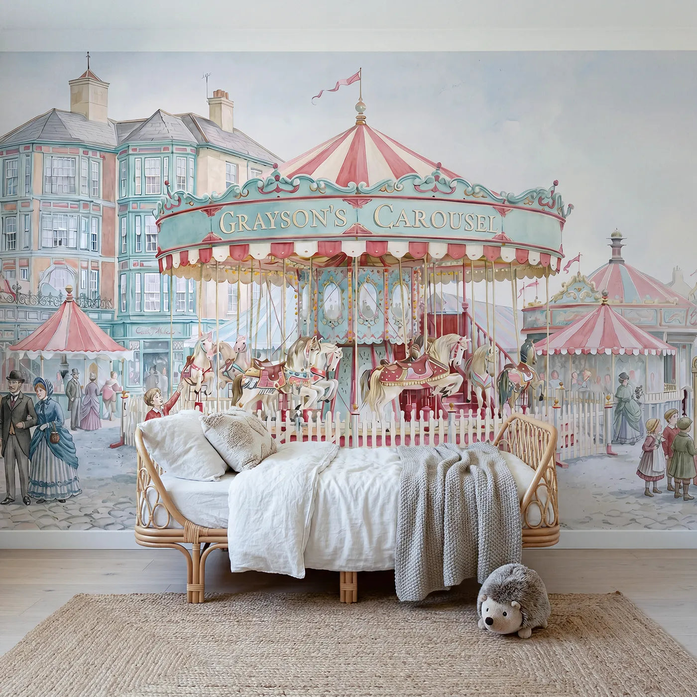 Watercolor carousel with a name curving the canopy, bedroom mural by Whimsy Tots