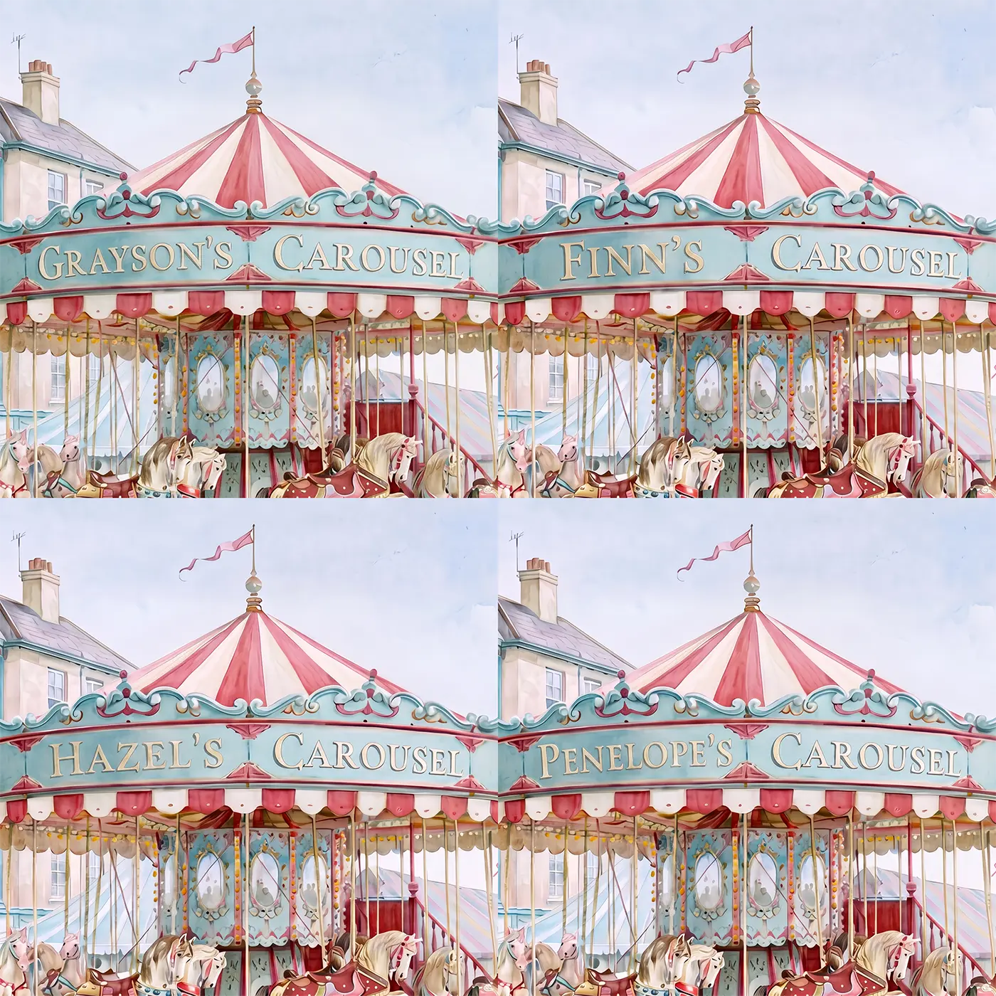 Four name preview examples of Vintage Carousel Ride Personalized Wall Mural by Whimsy Tots