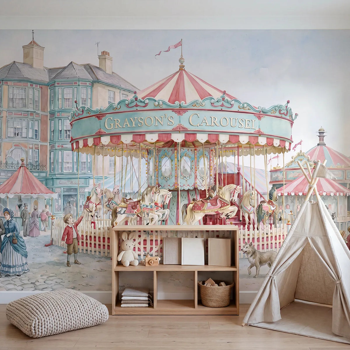Vintage Carousel Ride Personalized Wall Mural in playroom setting by Whimsy Tots