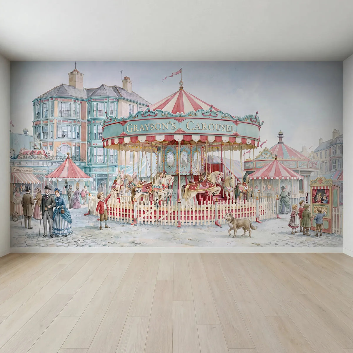 Full view of Vintage Carousel Ride Personalized Wall Mural by Whimsy Tots