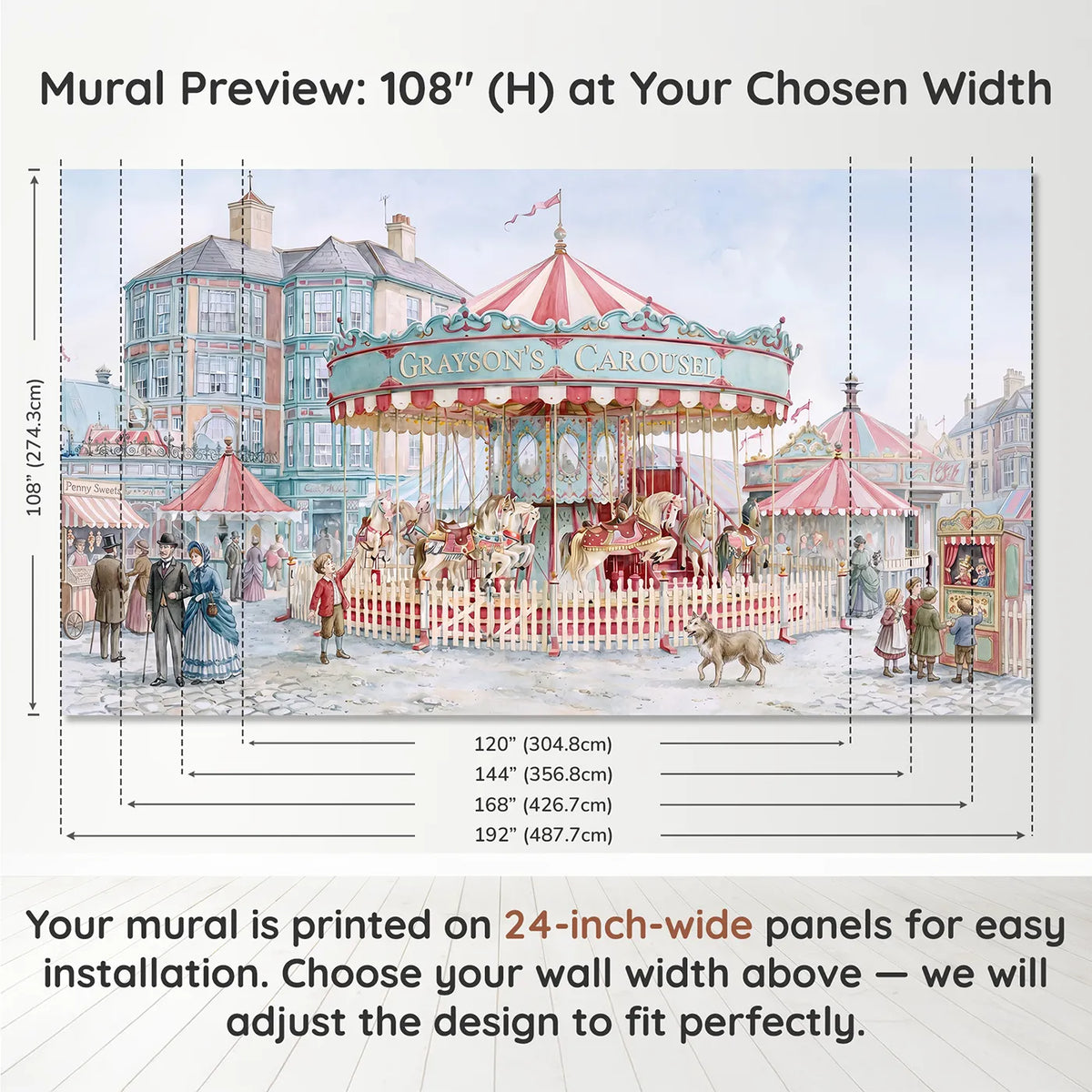 Panel layout and dimensions for Vintage Carousel Ride Personalized Wall Mural by Whimsy Tots