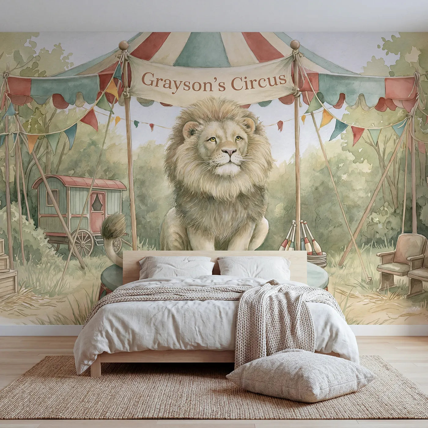 Storybook circus lion on a podium with a ring name banner, big-kid bedroom mural by Whimsy Tots