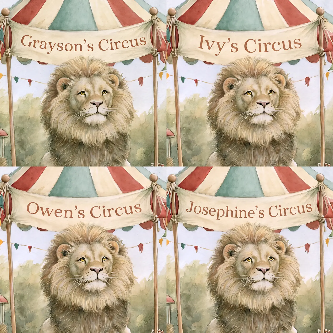 Four name preview examples of Friendly Circus Lion Personalized Wall Mural by Whimsy Tots