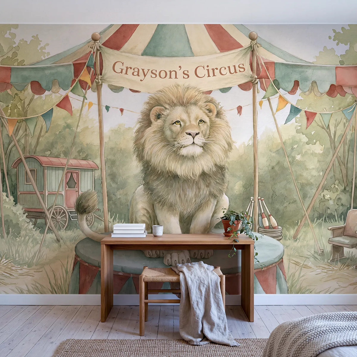 Friendly Circus Lion Personalized Wall Mural in playroom setting by Whimsy Tots