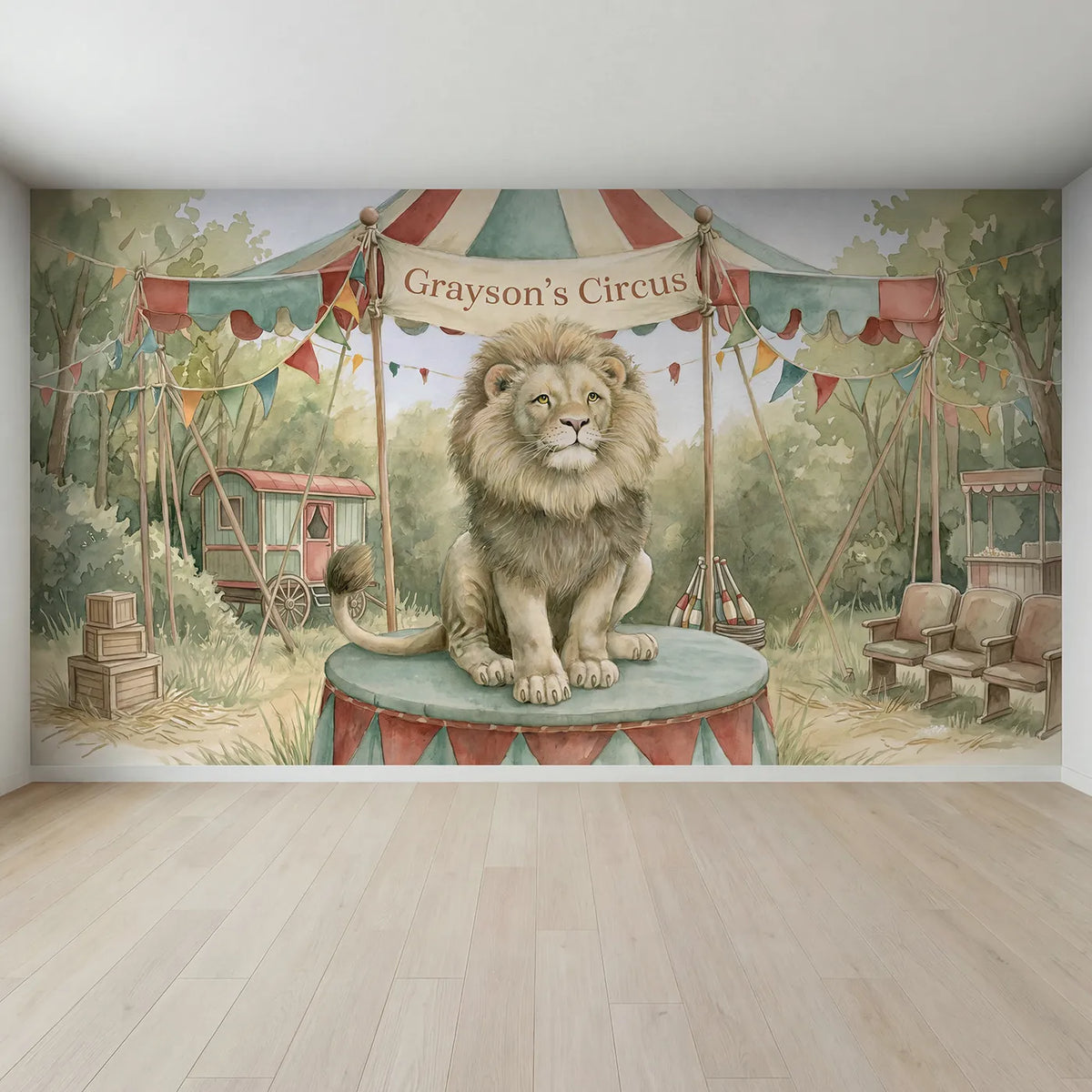 Full view of Friendly Circus Lion Personalized Wall Mural by Whimsy Tots