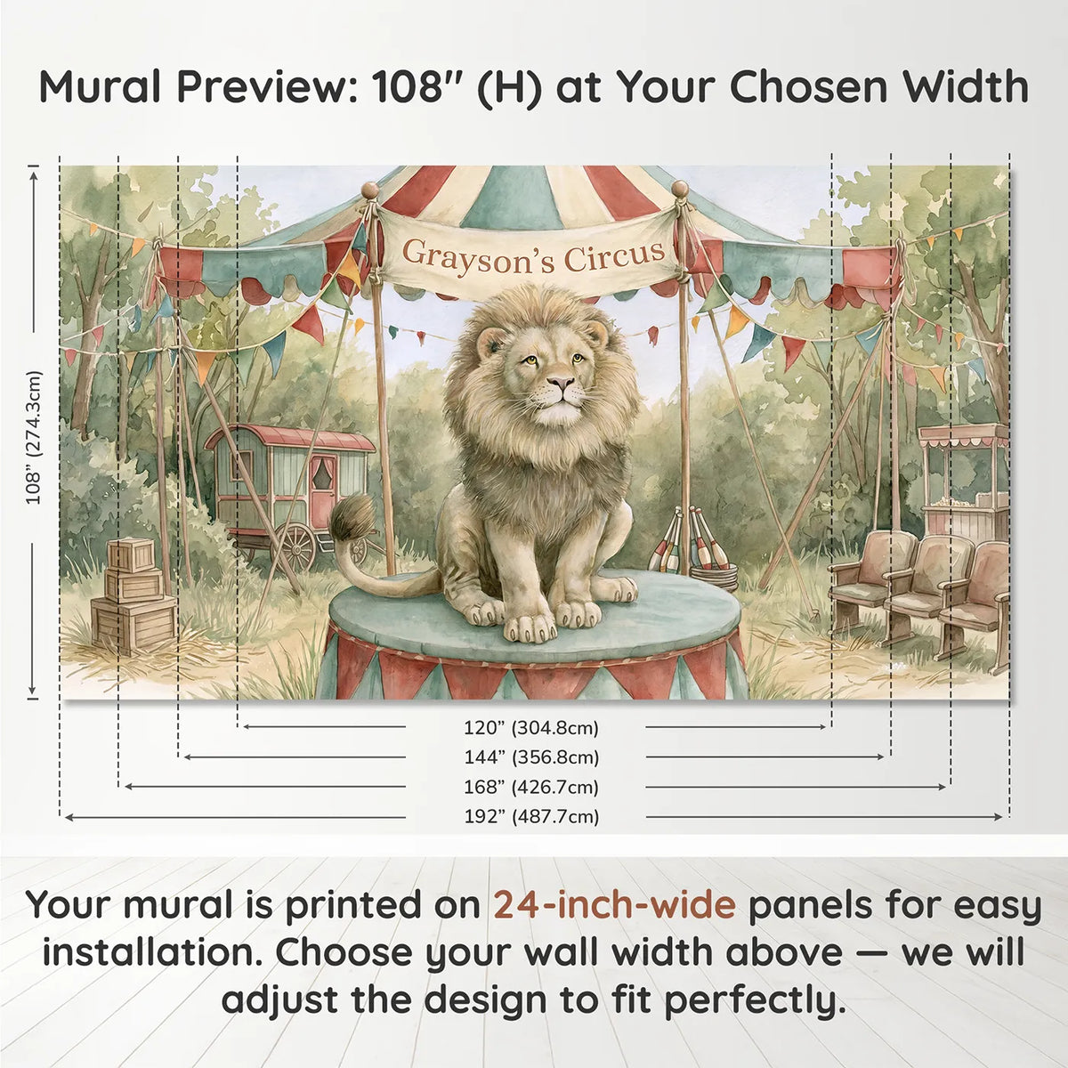 Panel layout and dimensions for Friendly Circus Lion Personalized Wall Mural by Whimsy Tots