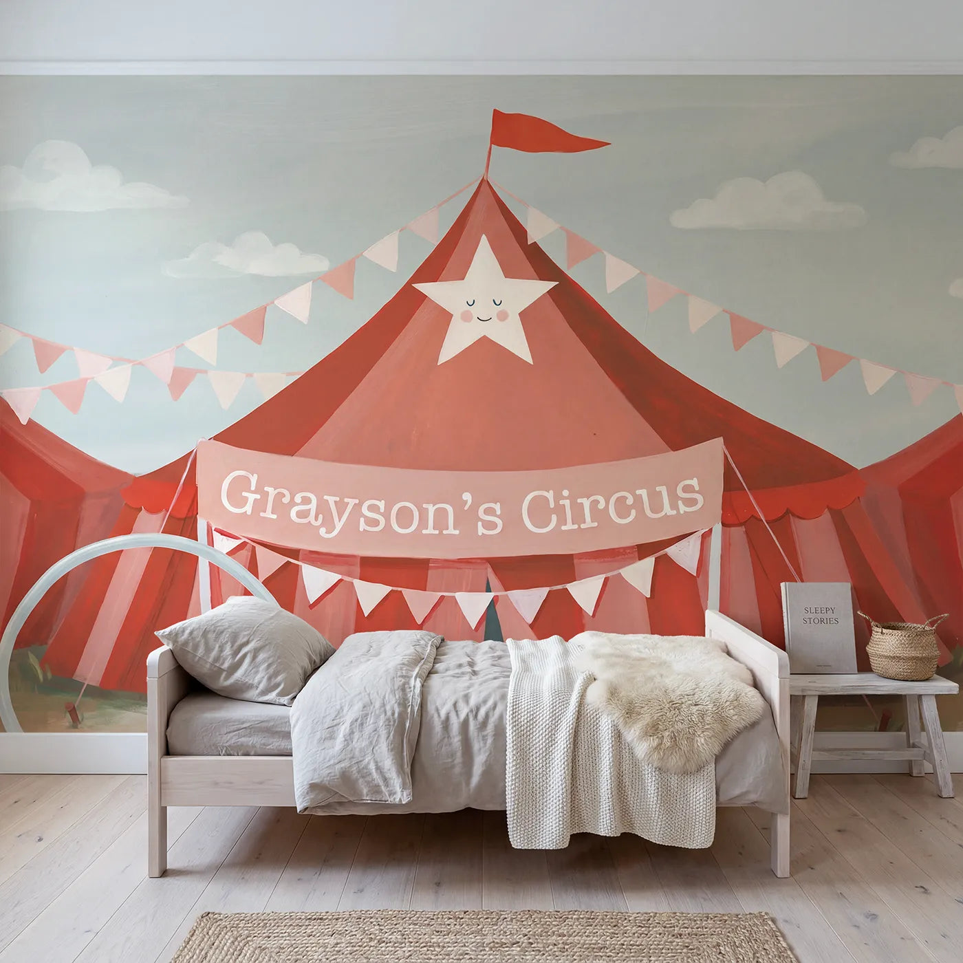 Modern illustration circus poster with the name in the art, renter bedroom mural by Whimsy Tots