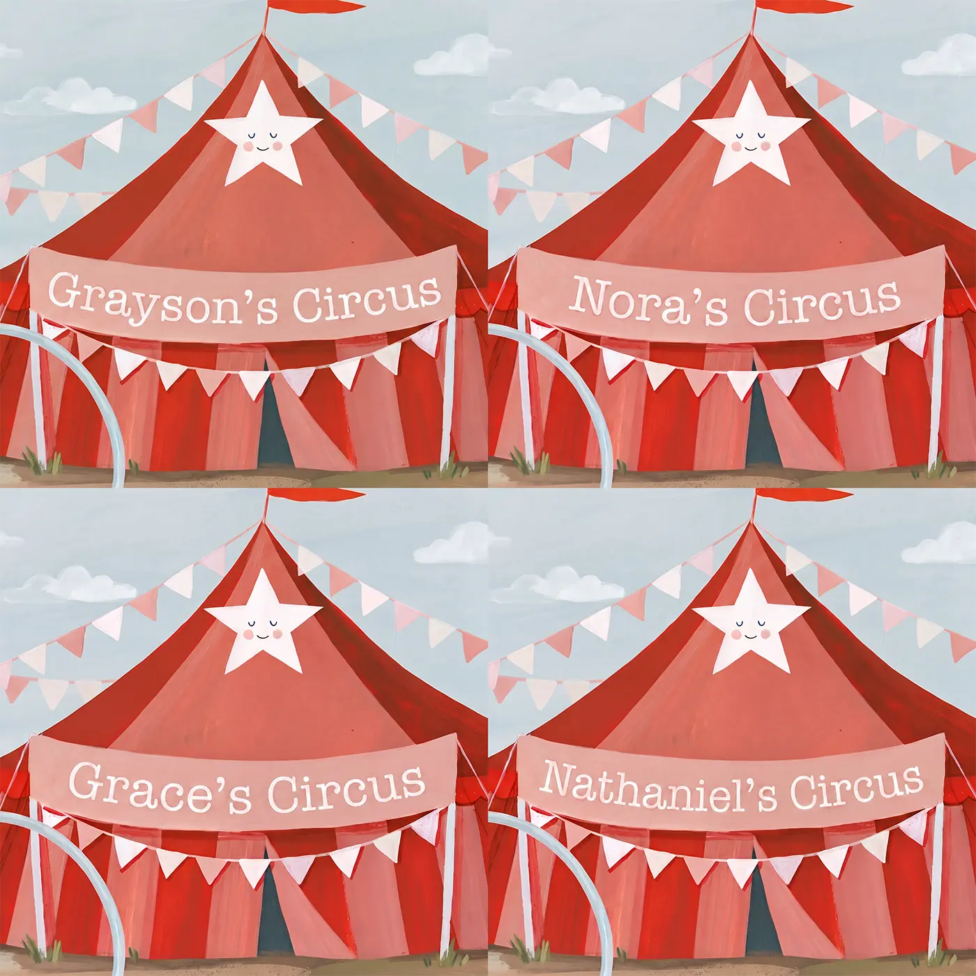 Four name preview examples of Vintage Circus Poster Personalized Wall Mural by Whimsy Tots