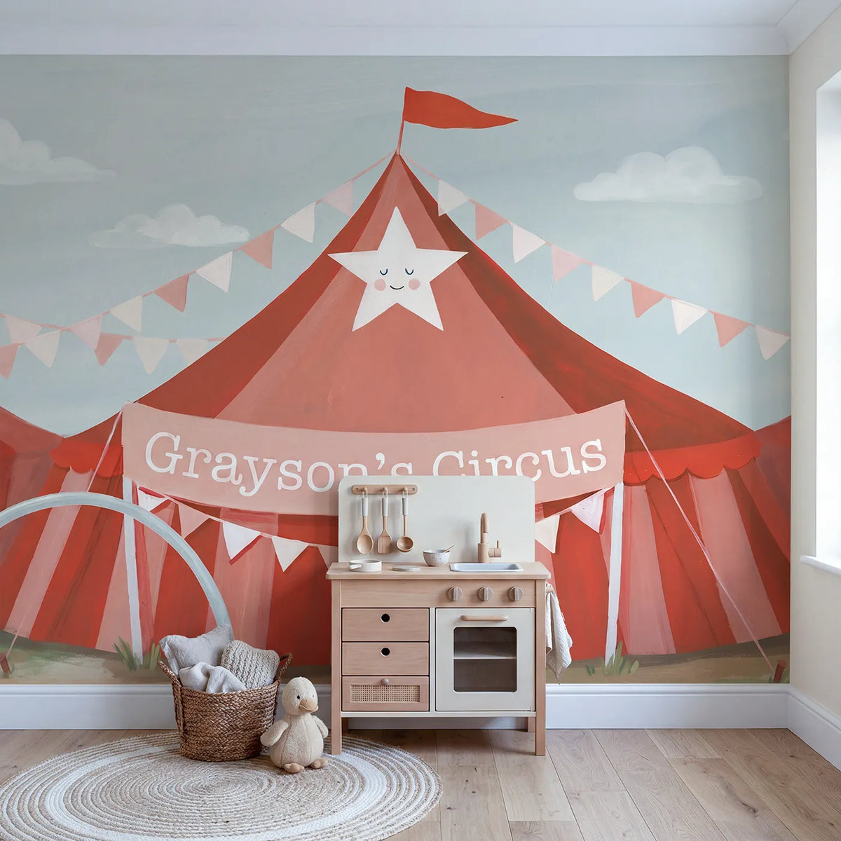 Vintage Circus Poster Personalized Wall Mural in playroom setting by Whimsy Tots