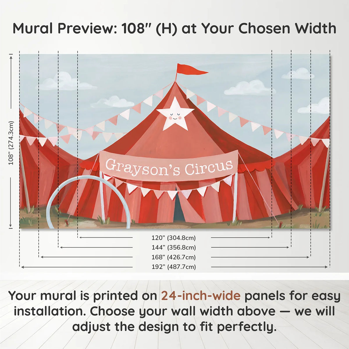 Panel layout and dimensions for Vintage Circus Poster Personalized Wall Mural by Whimsy Tots