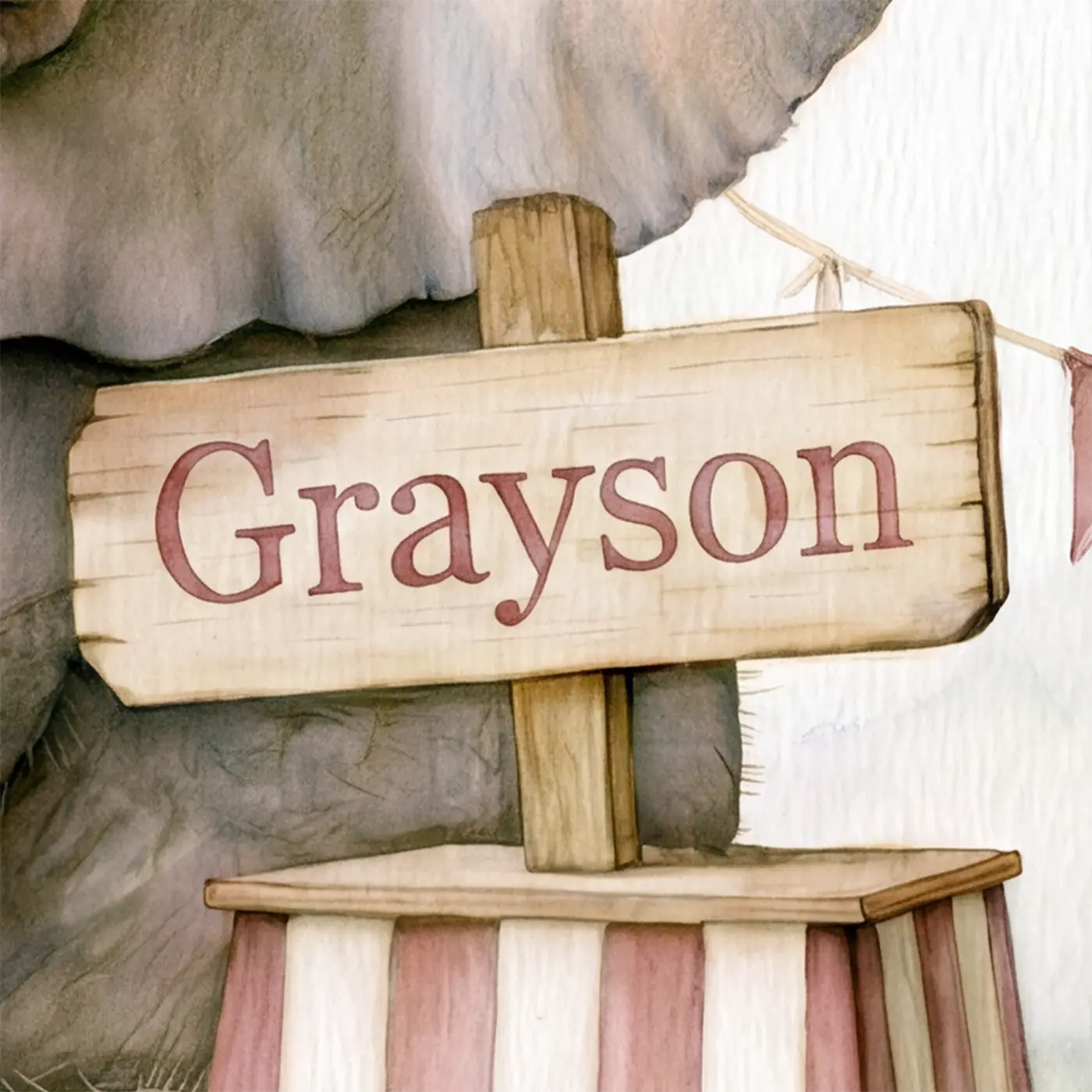 Four name preview examples of Baby Circus Elephant Personalized Wall Mural by Whimsy Tots
