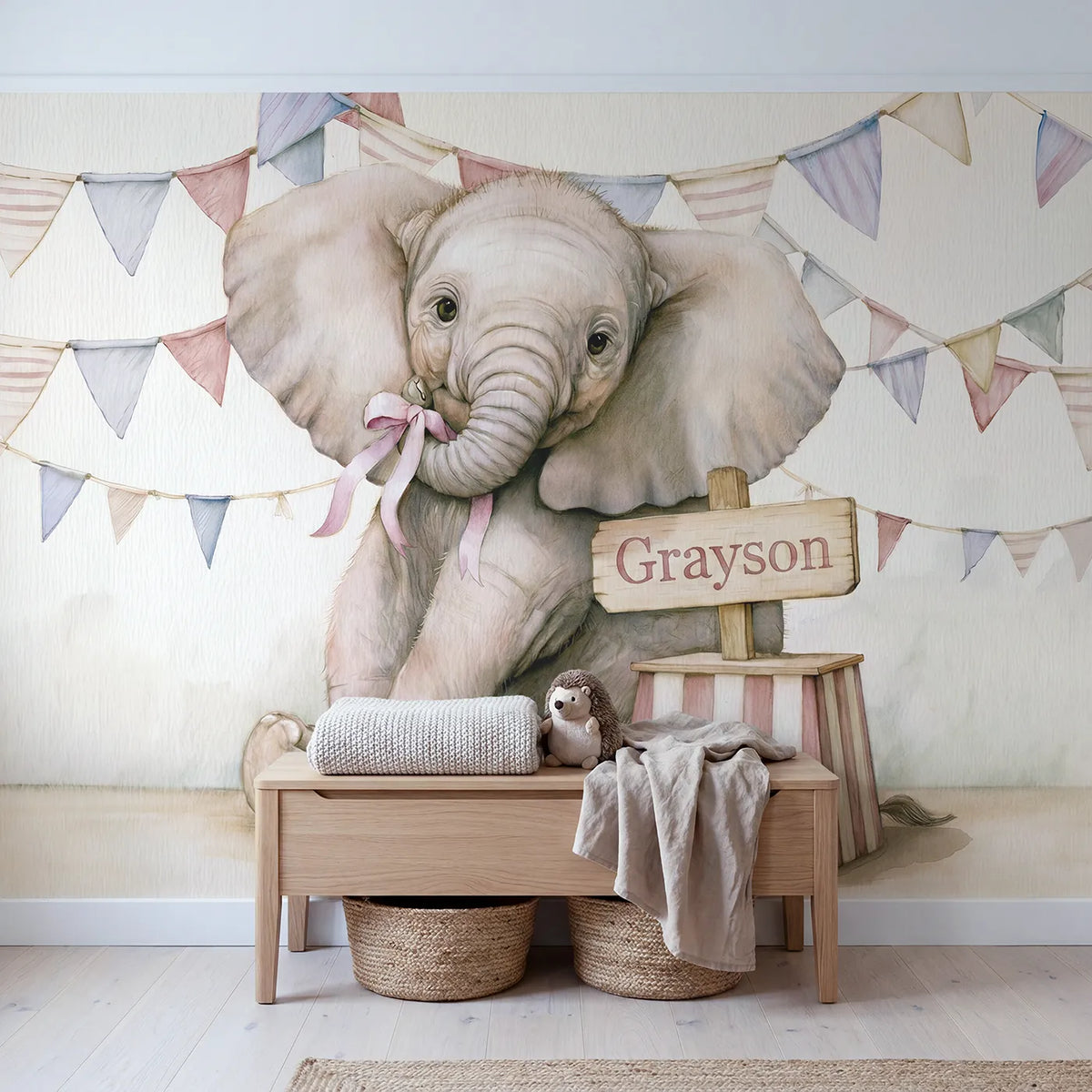 Baby Circus Elephant Personalized Wall Mural in playroom setting by Whimsy Tots