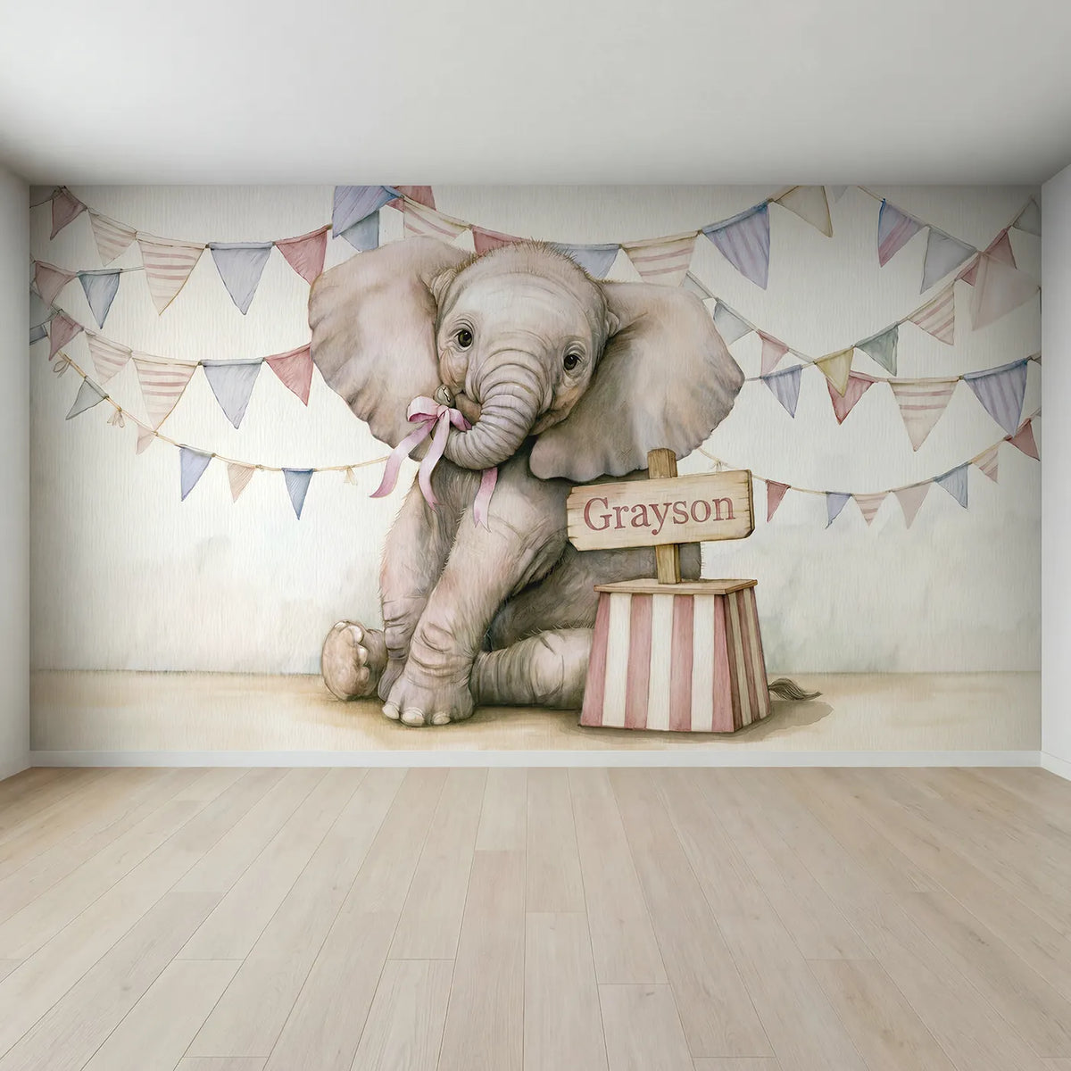 Full view of Baby Circus Elephant Personalized Wall Mural by Whimsy Tots