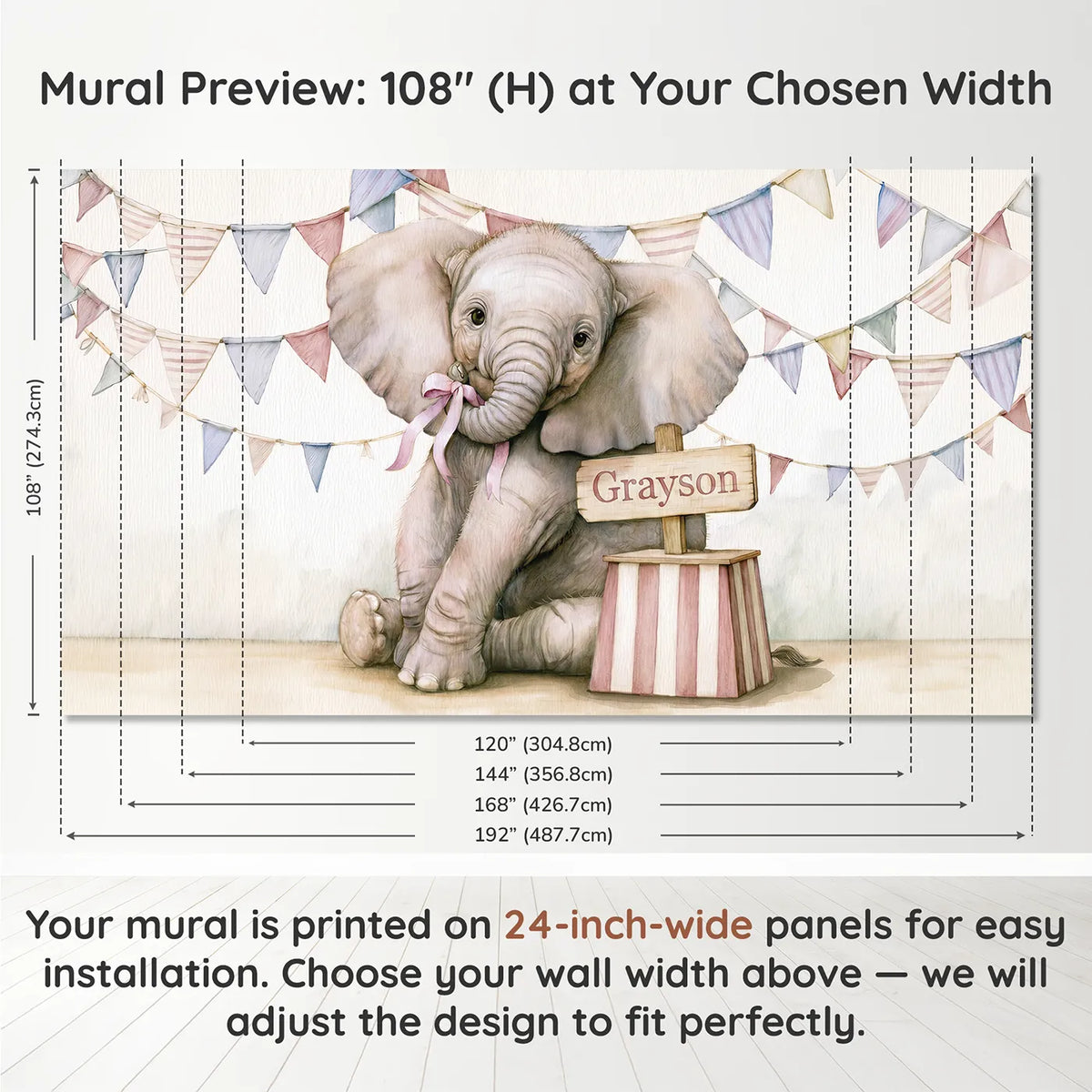 Panel layout and dimensions for Baby Circus Elephant Personalized Wall Mural by Whimsy Tots
