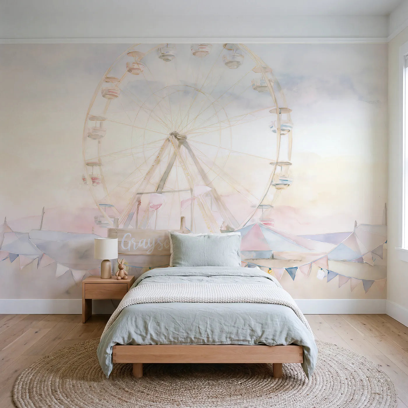 Watercolor ferris wheel at twilight with a name on a post, toddler room mural by Whimsy Tots