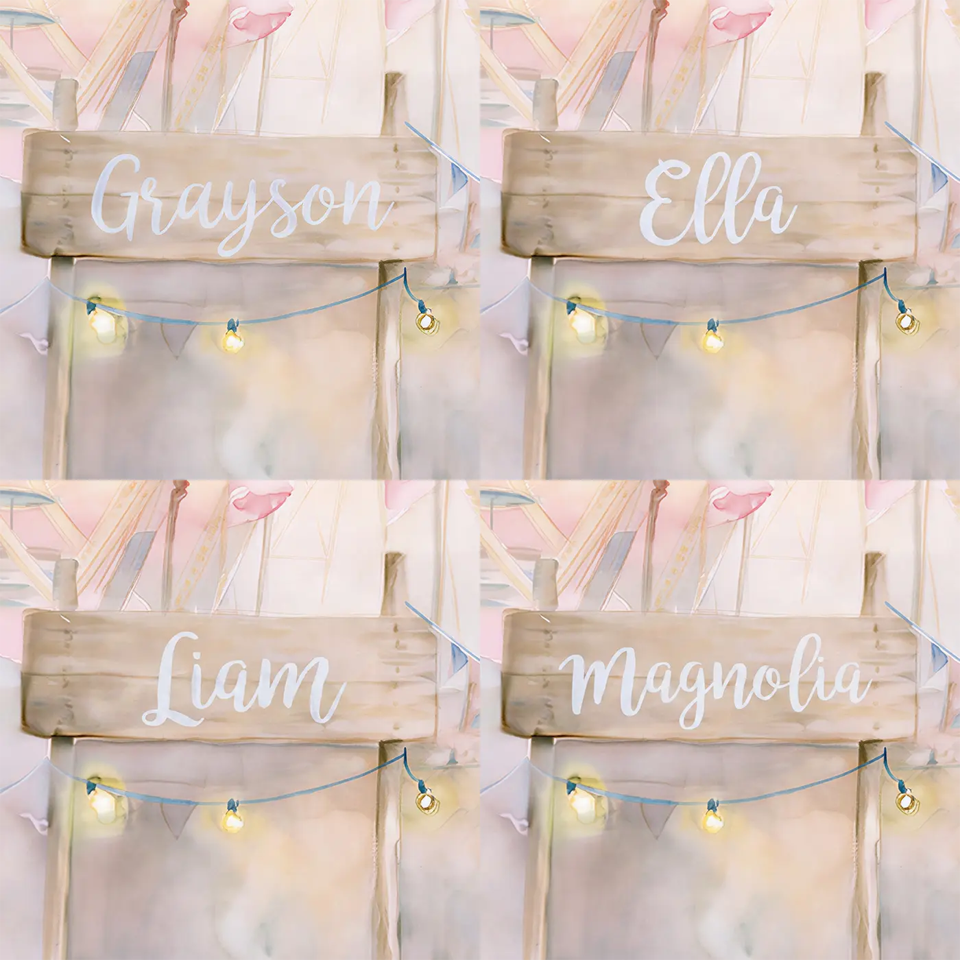 Four name preview examples of Dreamy Ferris Wheel Personalized Wall Mural by Whimsy Tots