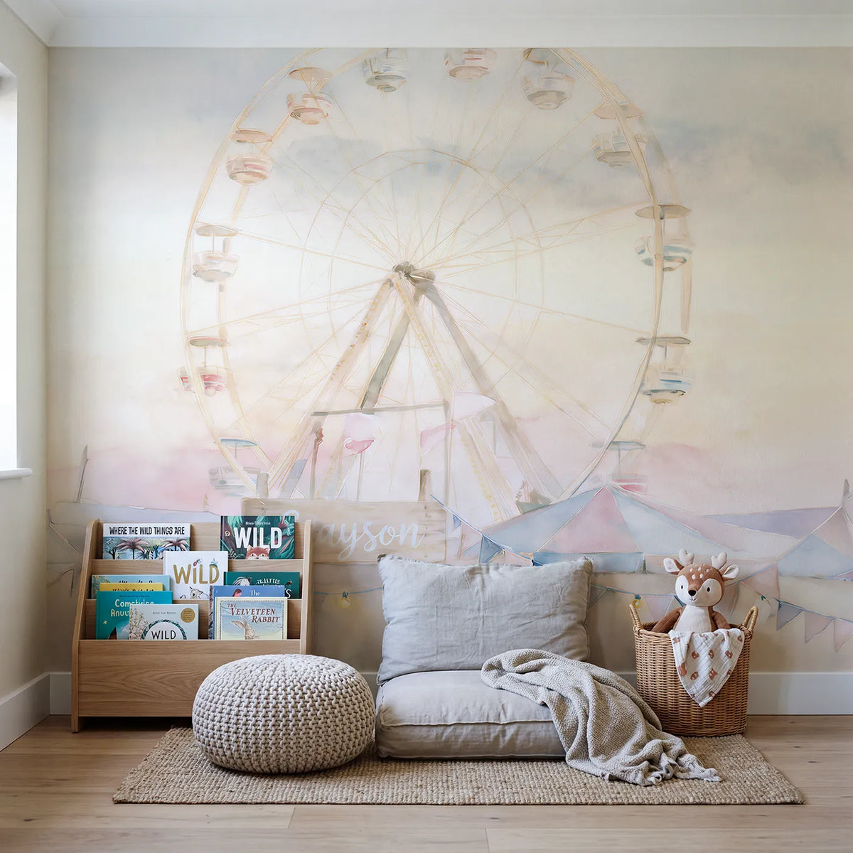 Dreamy Ferris Wheel Personalized Wall Mural in playroom setting by Whimsy Tots