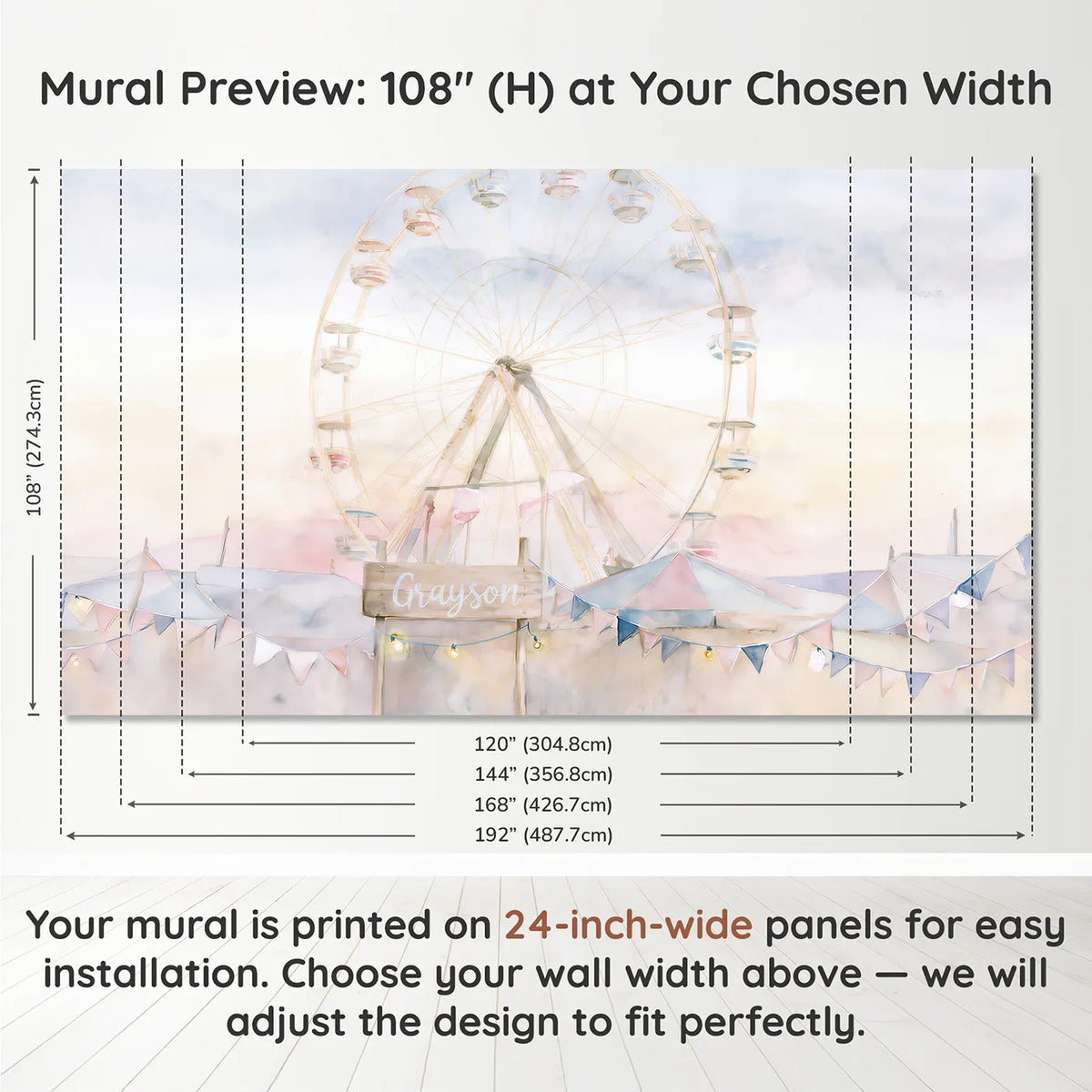 Panel layout and dimensions for Dreamy Ferris Wheel Personalized Wall Mural by Whimsy Tots