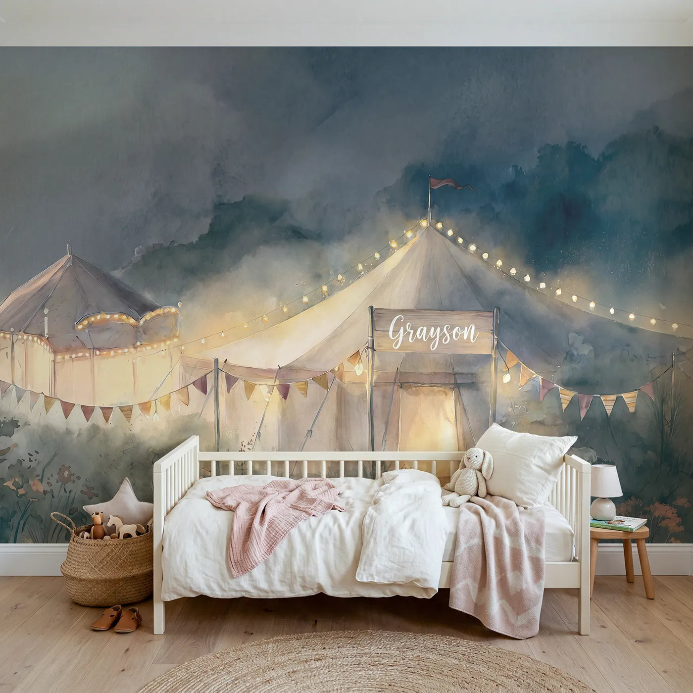 Watercolor fairground of lights at night with a name sign, bedroom mural by Whimsy Tots