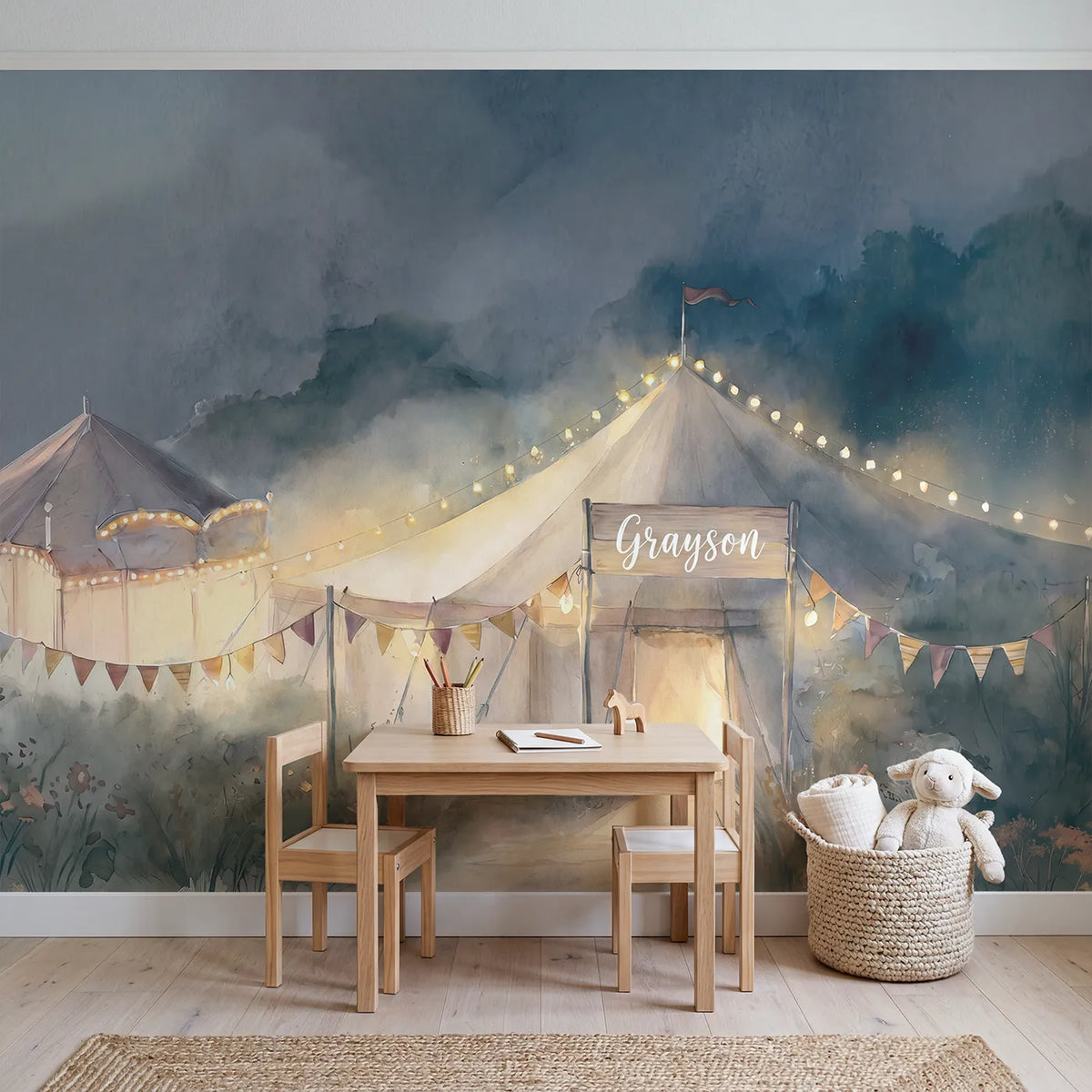 Fairground Lights Night Personalized Wall Mural in playroom setting by Whimsy Tots